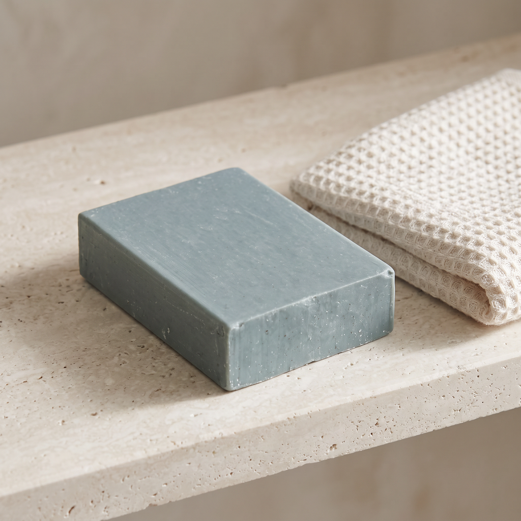 Avlia Retinol Soap Bar on stone bathroom shelf beside waffle towel
