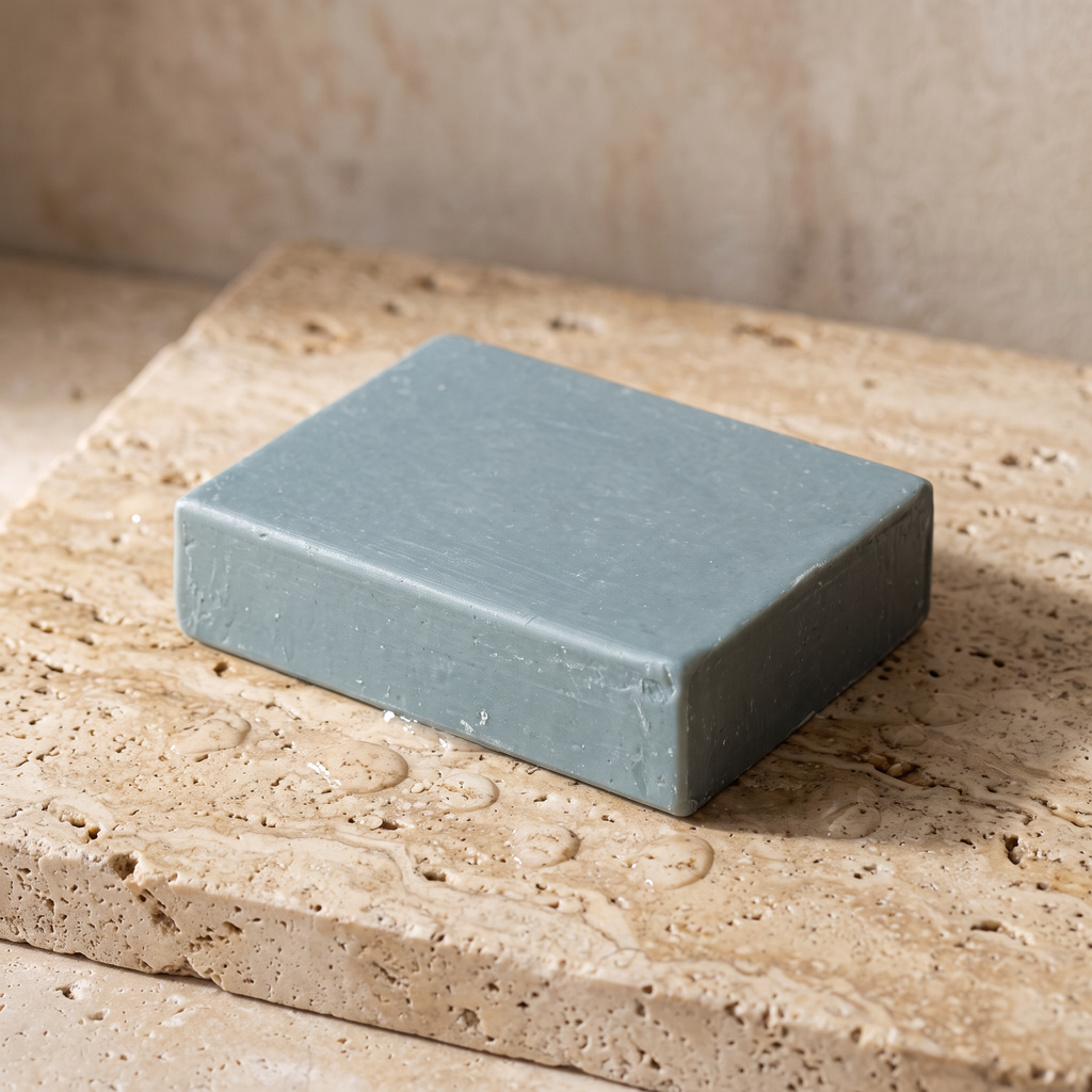 Avlia Retinol Soap Bar resting on travertine stone slab