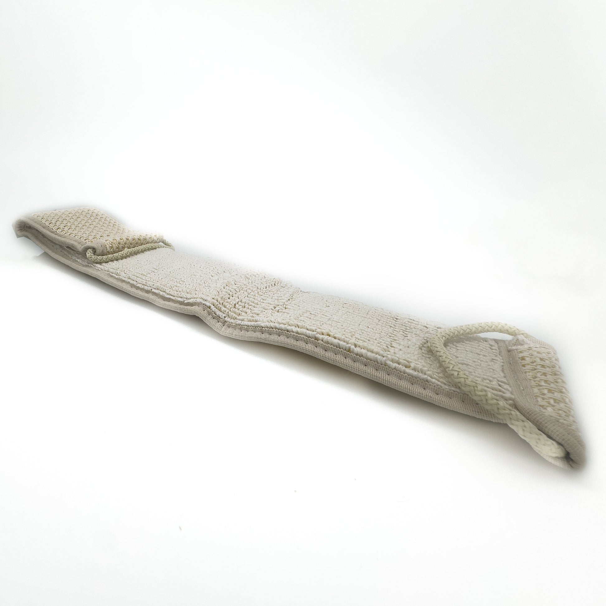 Reverse face of the Avlia extra long back strap laid flat, cream cotton terry running the full length with a braided cotton cord loop at each short end