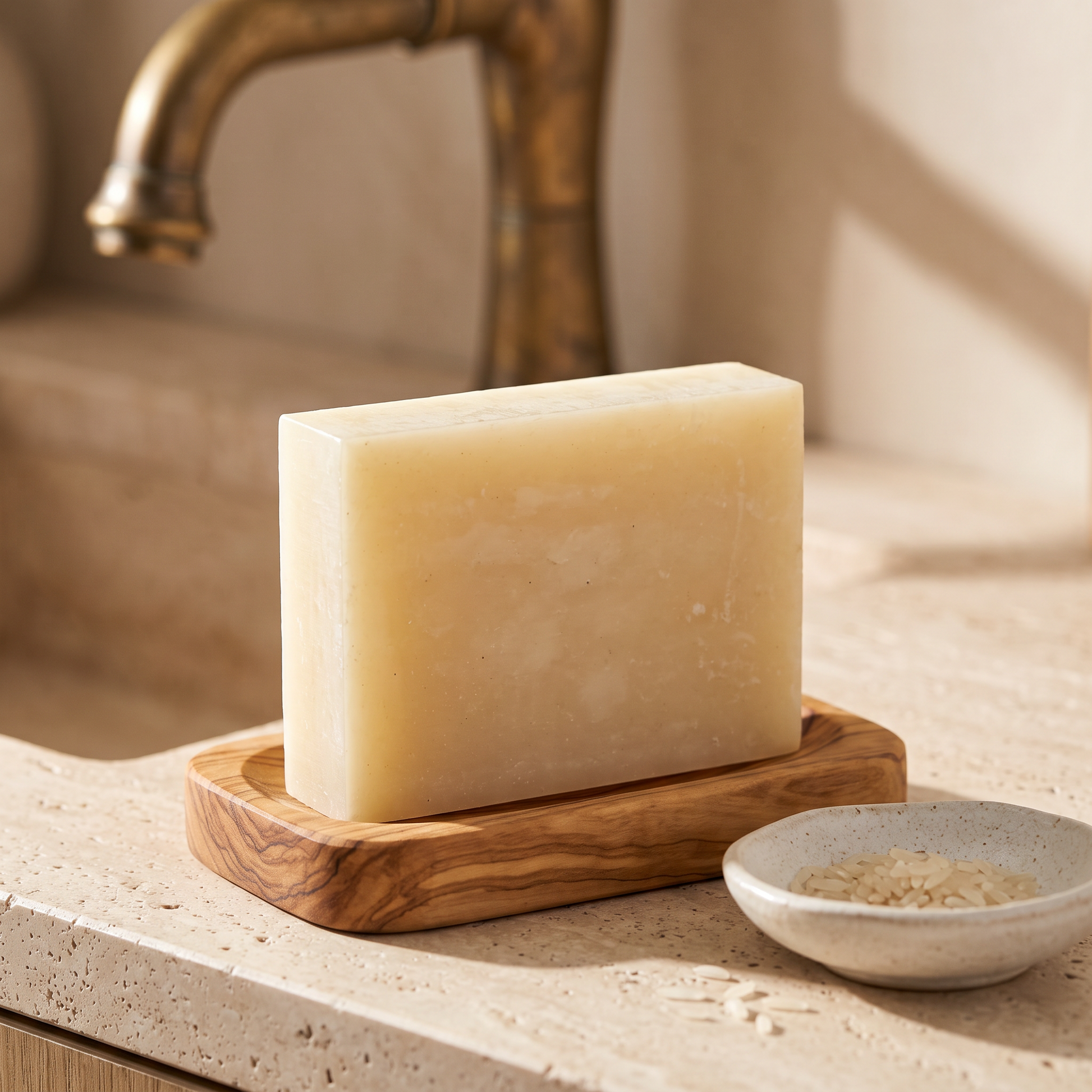 Rice Soap Bar in an olive wood soap dish beside a small bowl of rice grains on a stone vanity