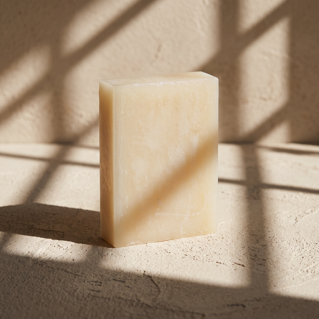 Rice Soap Bar in hard afternoon sunlight on sand plaster, cut by geometric window shadows