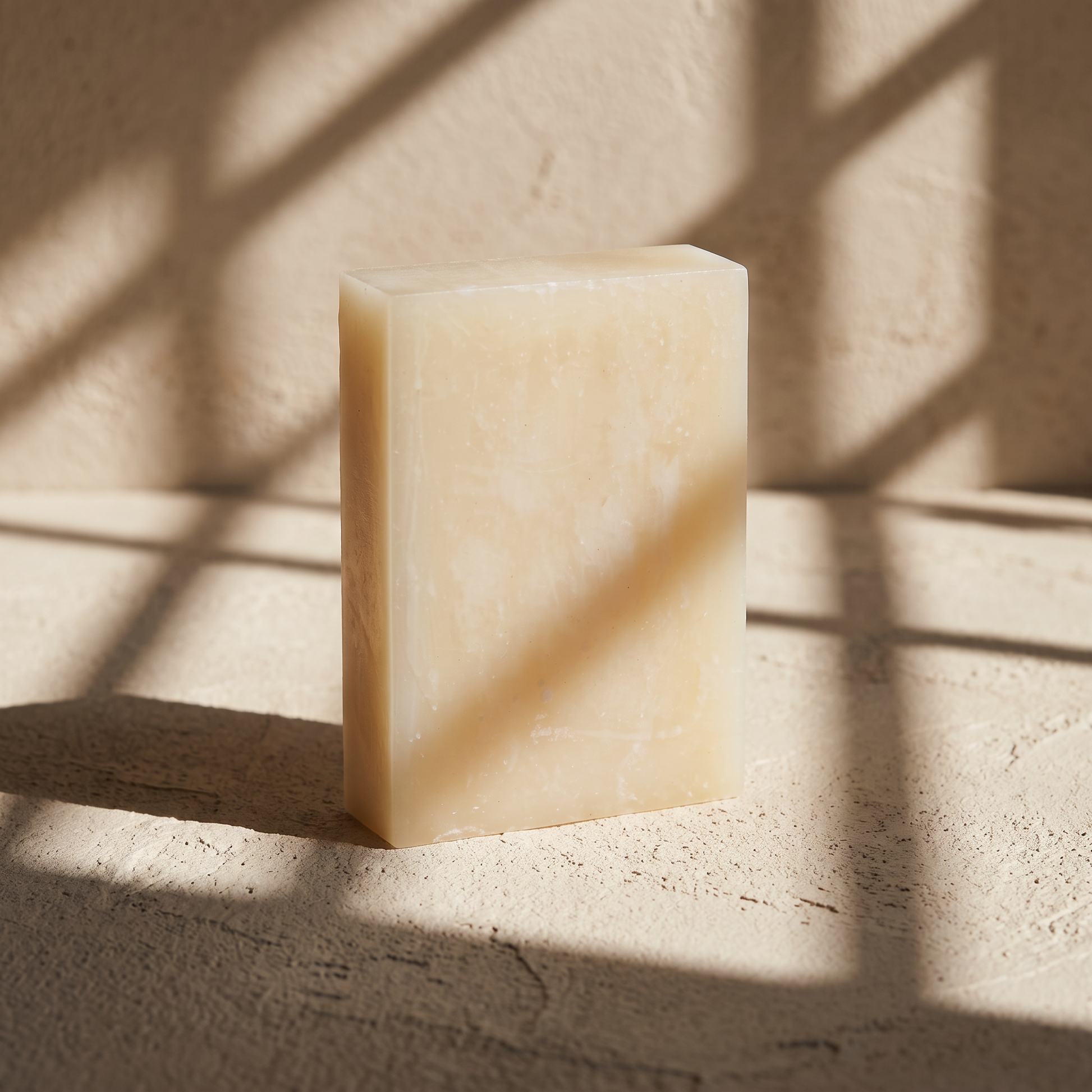 Rice Soap Bar in hard afternoon sunlight on sand plaster, cut by geometric window shadows