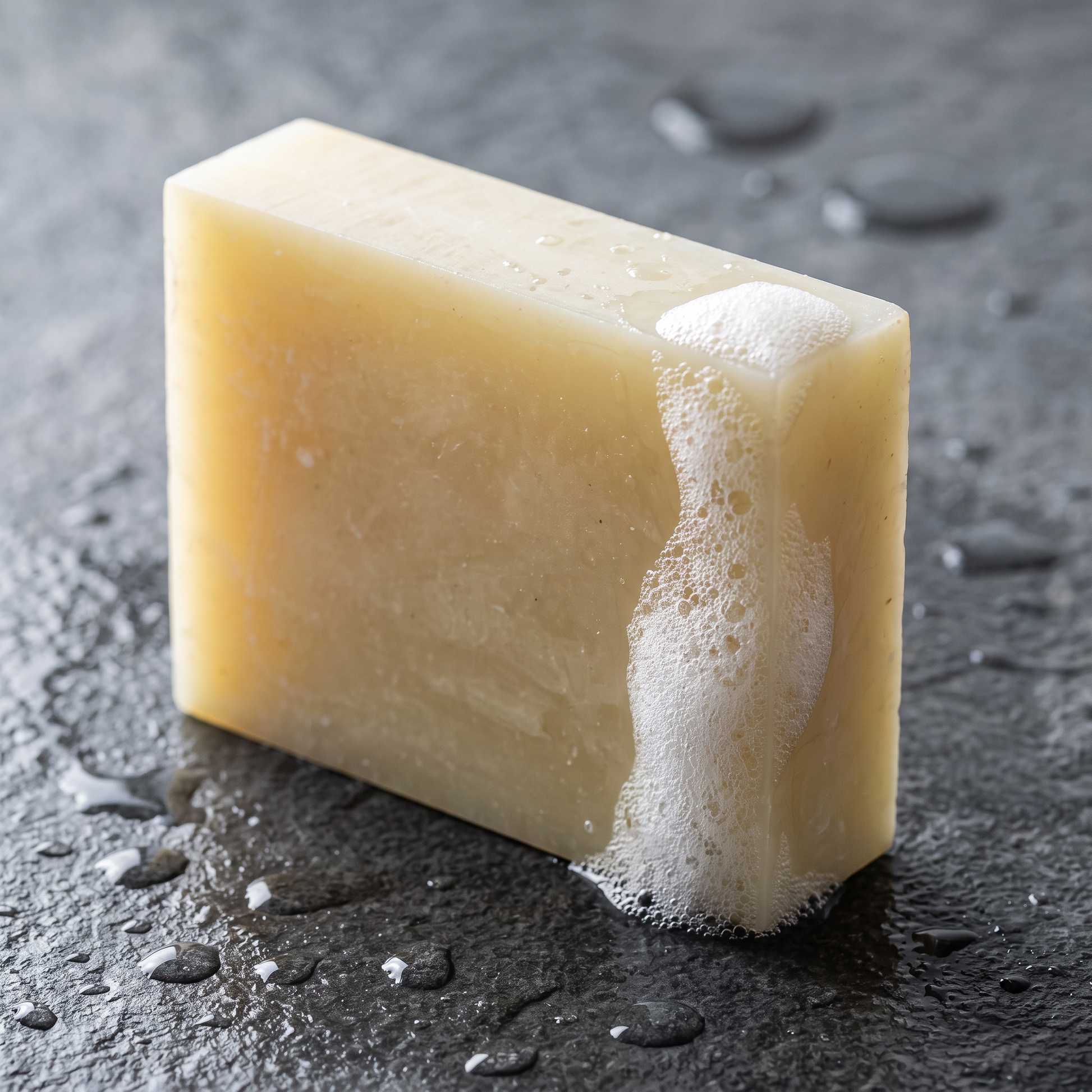 Rice Soap Bar lathering on wet grey stone with dense white foam along one edge