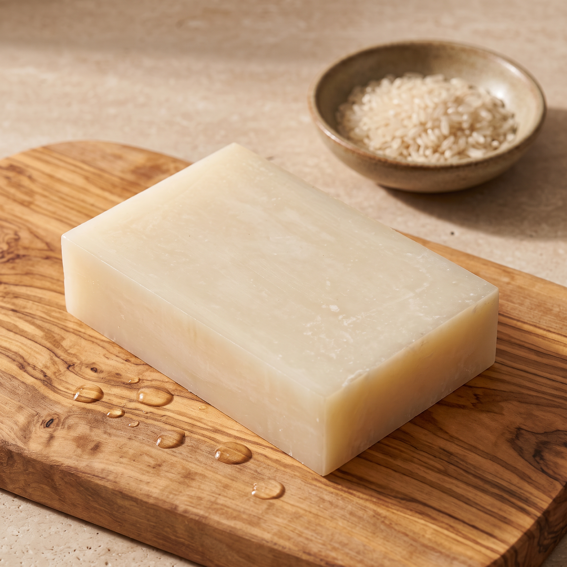 Rice Soap Bar on a rustic olive wood board with water droplets across the grain
