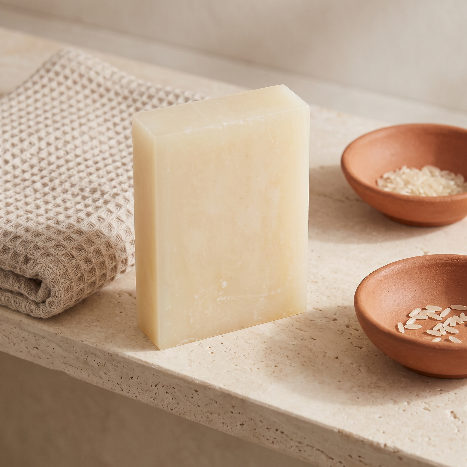 Rice Soap Bar on a stone bathroom shelf beside a folded waffle cotton towel