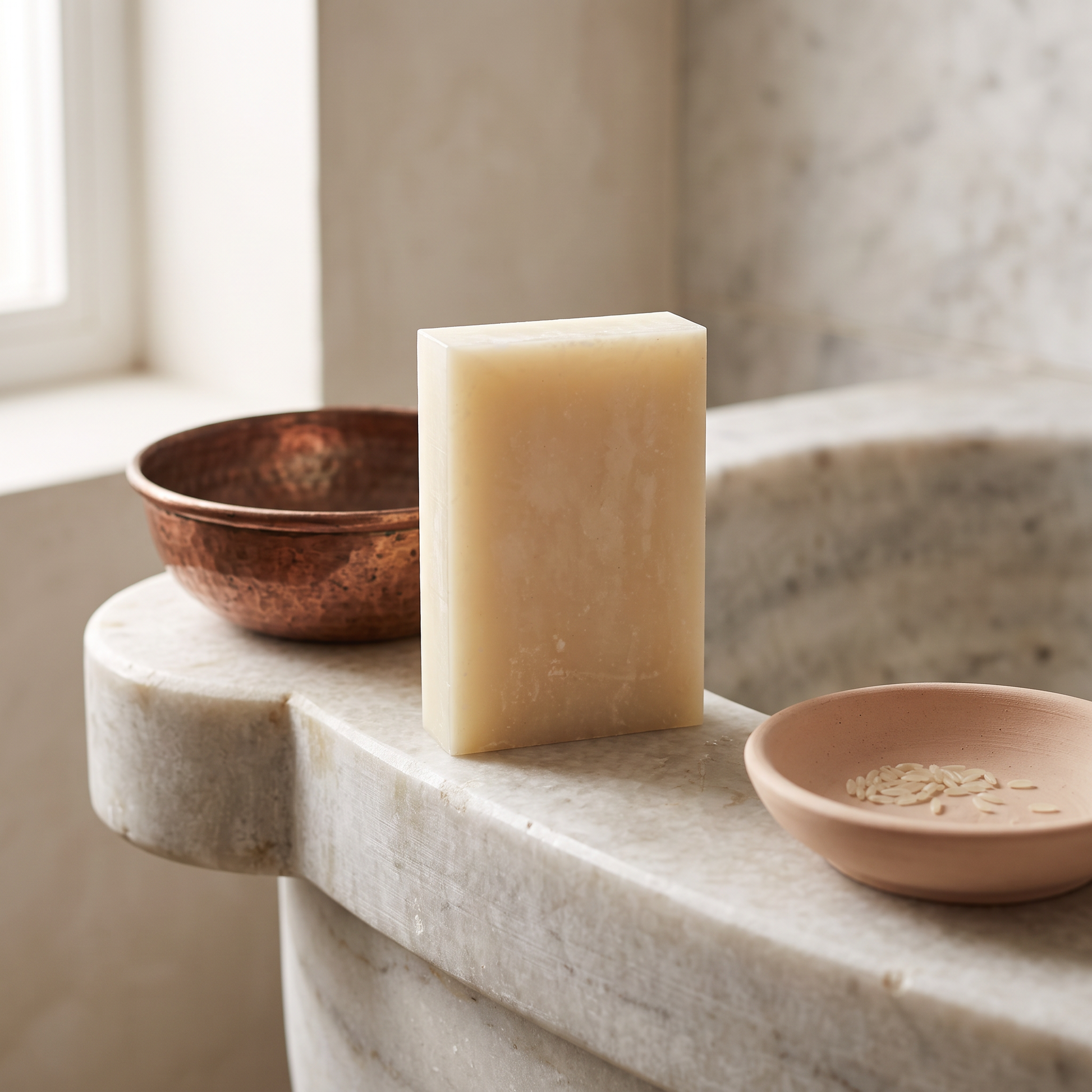 Rice Soap Bar on the marble edge of a Turkish hammam basin with a hammered copper bowl