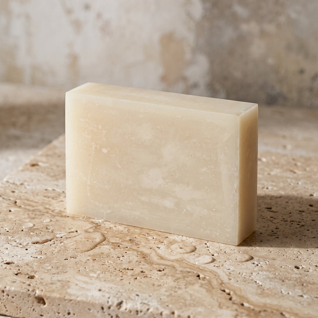 Rice Soap Bar resting on a travertine stone slab scattered with water droplets