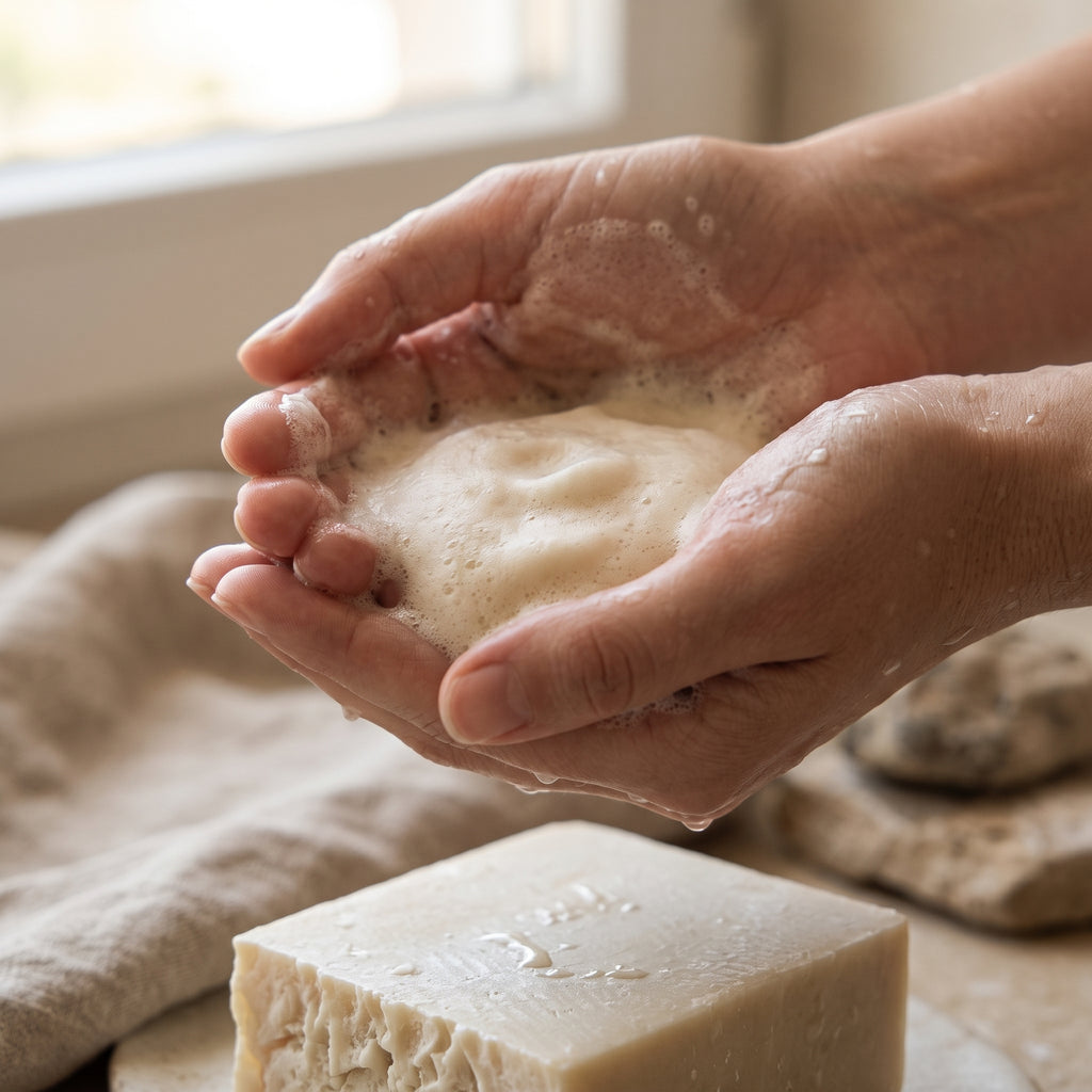 Rich, creamy lather from Avlia's donkey milk soap worked up in cupped hands.