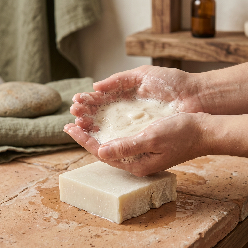Rich, creamy lather from Avlia's goat milk soap worked up in cupped hands.