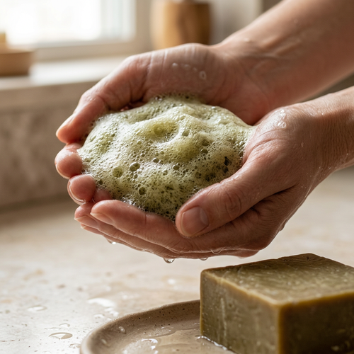 Rich, dense lather from Avlia's laurel oil shampoo bar worked up in cupped hands.