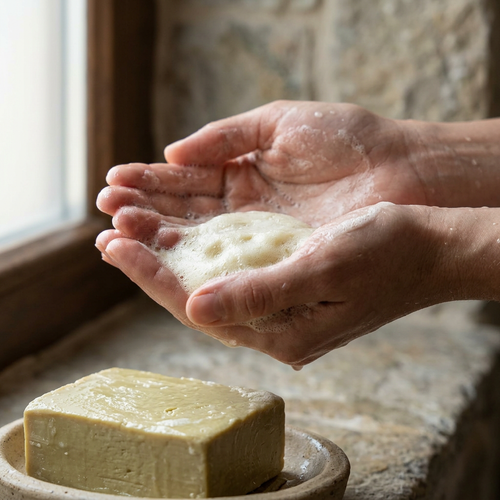 Rich, dense lather from Avlia's wild pistachio soap worked up in cupped hands.