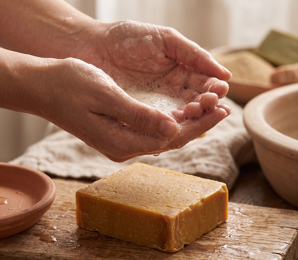 Rich lather from Avlia's Pure Sulfur Soap worked up in cupped hands.