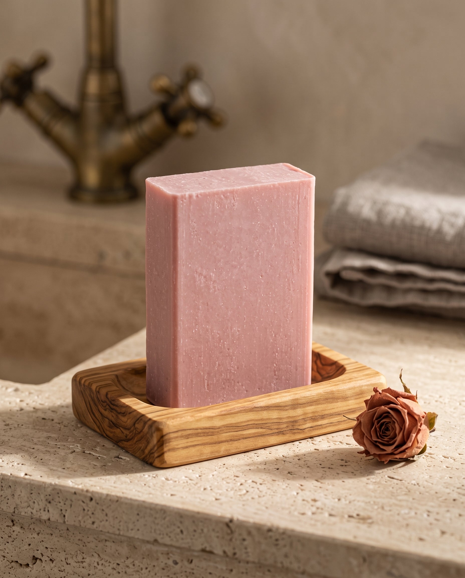 Rose Soap Bar in an olive wood soap dish beside a dried rose bud on a stone vanity