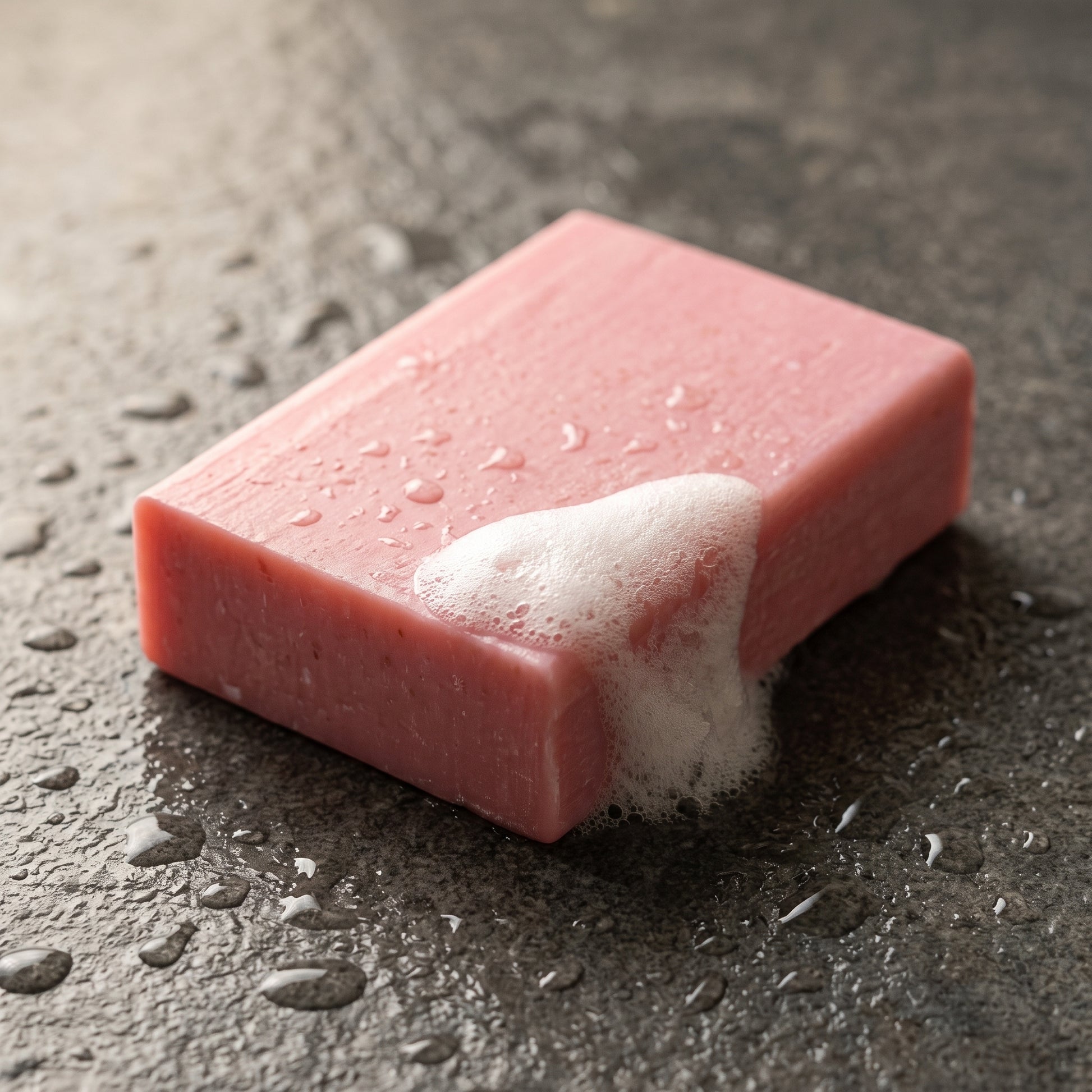 Rose Soap Bar lathering on wet grey stone with dense white foam along one edge