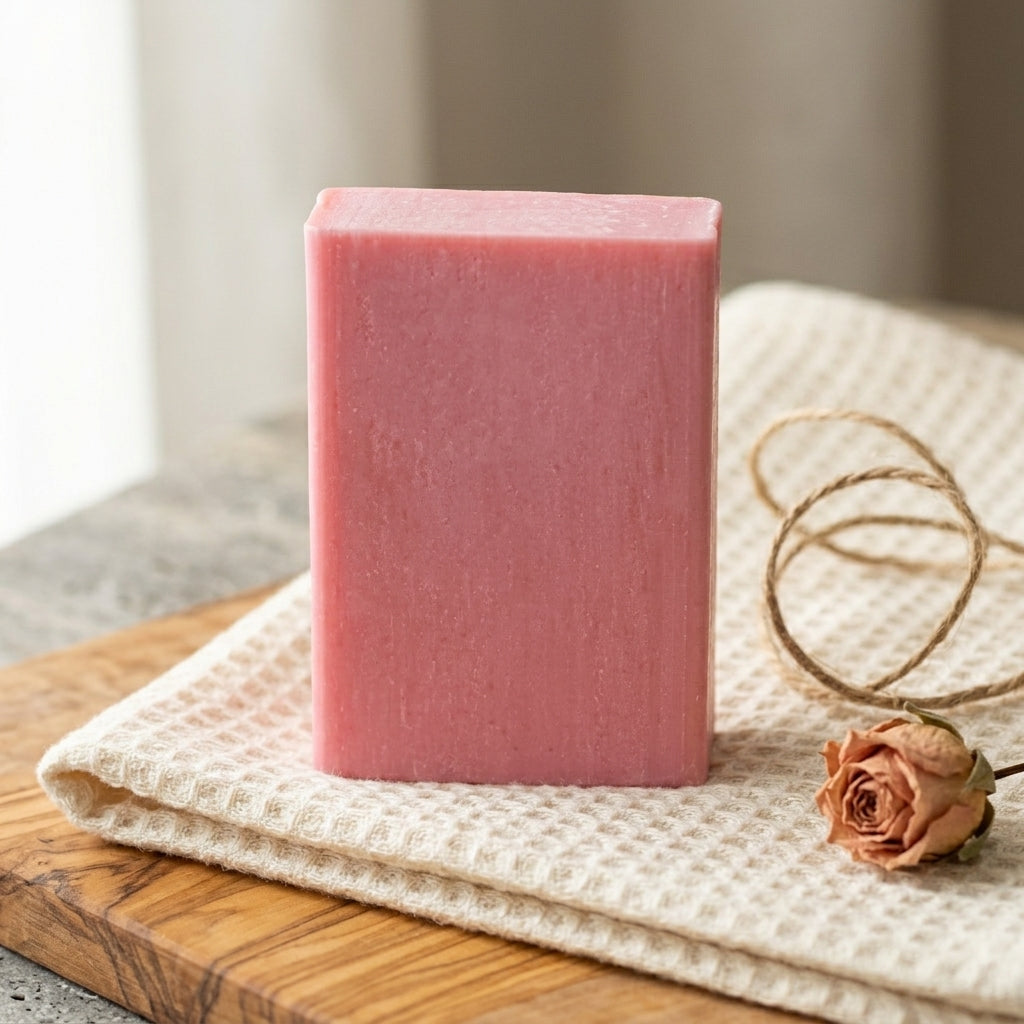Rose Soap Bar on a folded cotton waffle towel with a loop of jute twine, styled as a gift