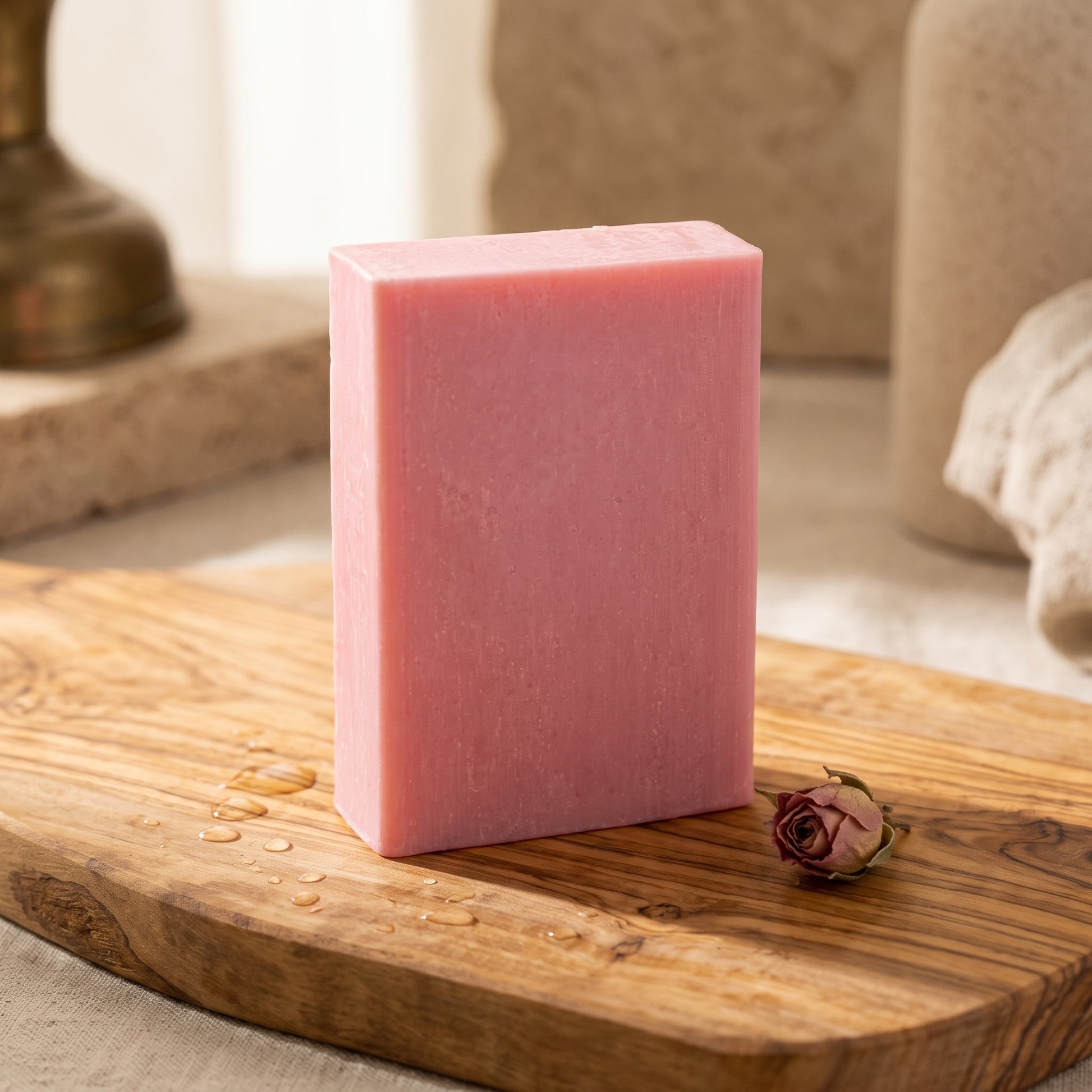 Rose Soap Bar on a rustic olive wood board with water droplets across the grain