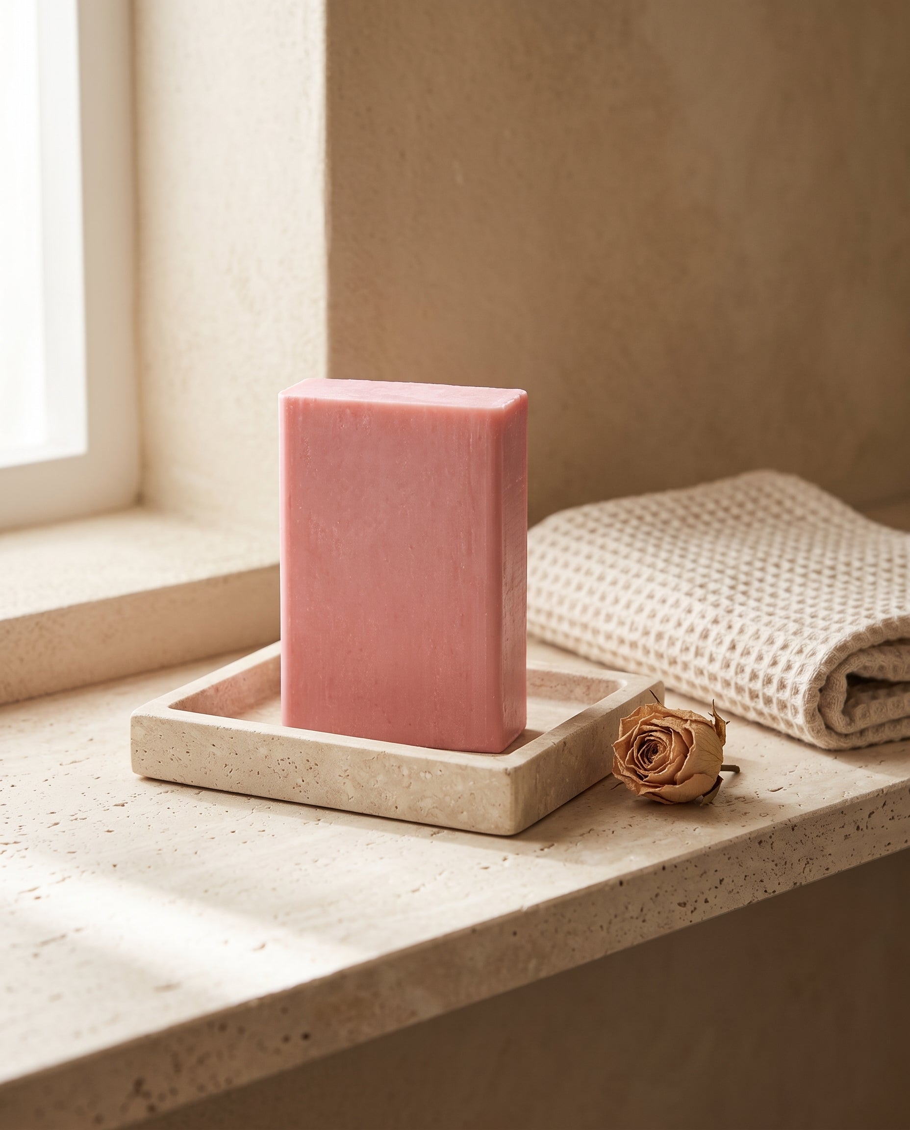 Rose Soap Bar on a stone bathroom shelf beside a folded waffle cotton towel