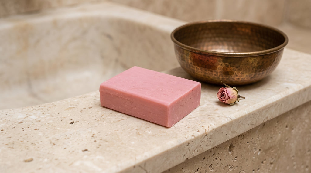 Rose Soap Bar on the marble edge of a Turkish hammam basin with a hammered copper bowl
