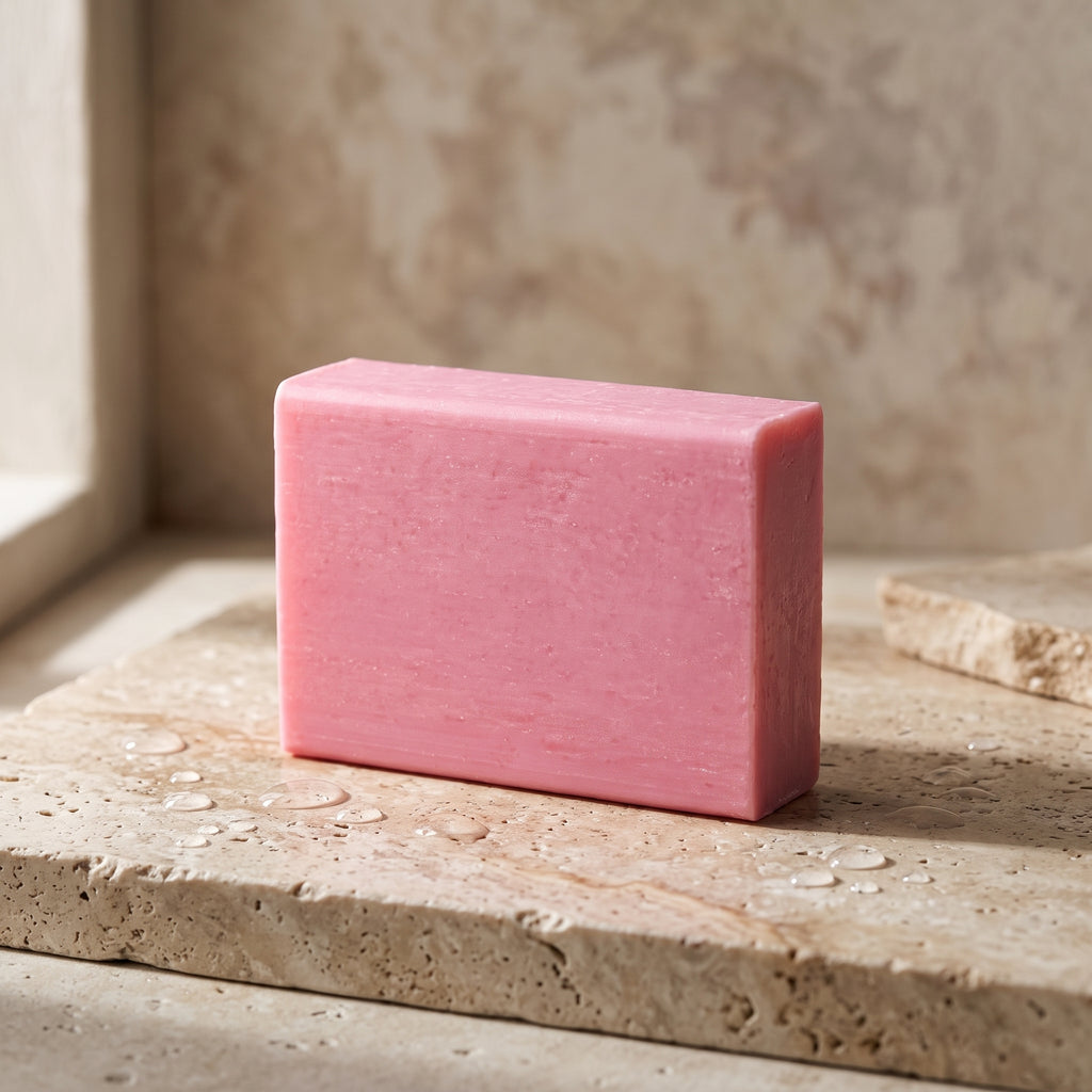 Rose Soap Bar resting on a travertine stone slab scattered with water droplets