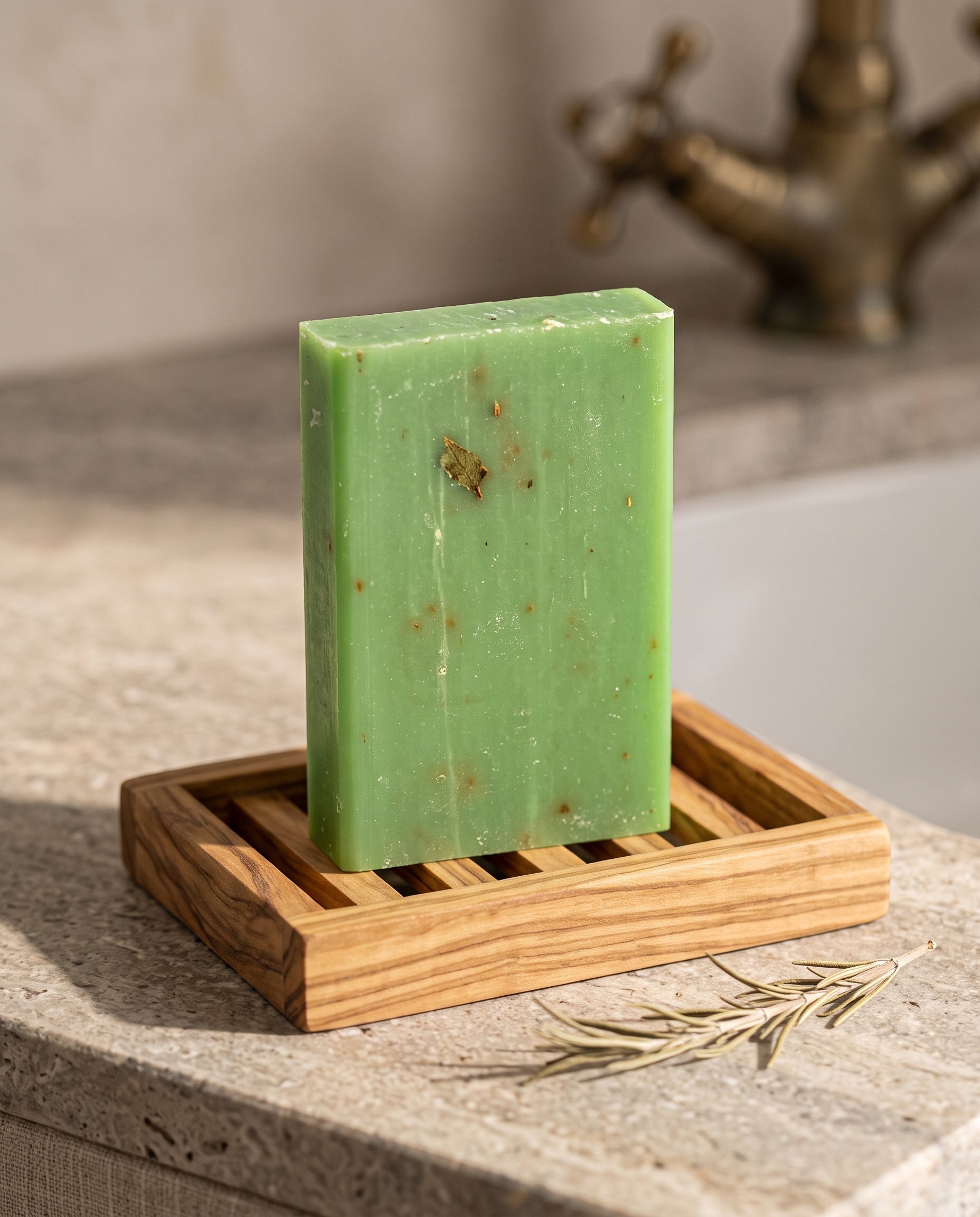 Rosemary Soap Bar in an olive wood soap dish beside a dried rosemary sprig on a stone vanity