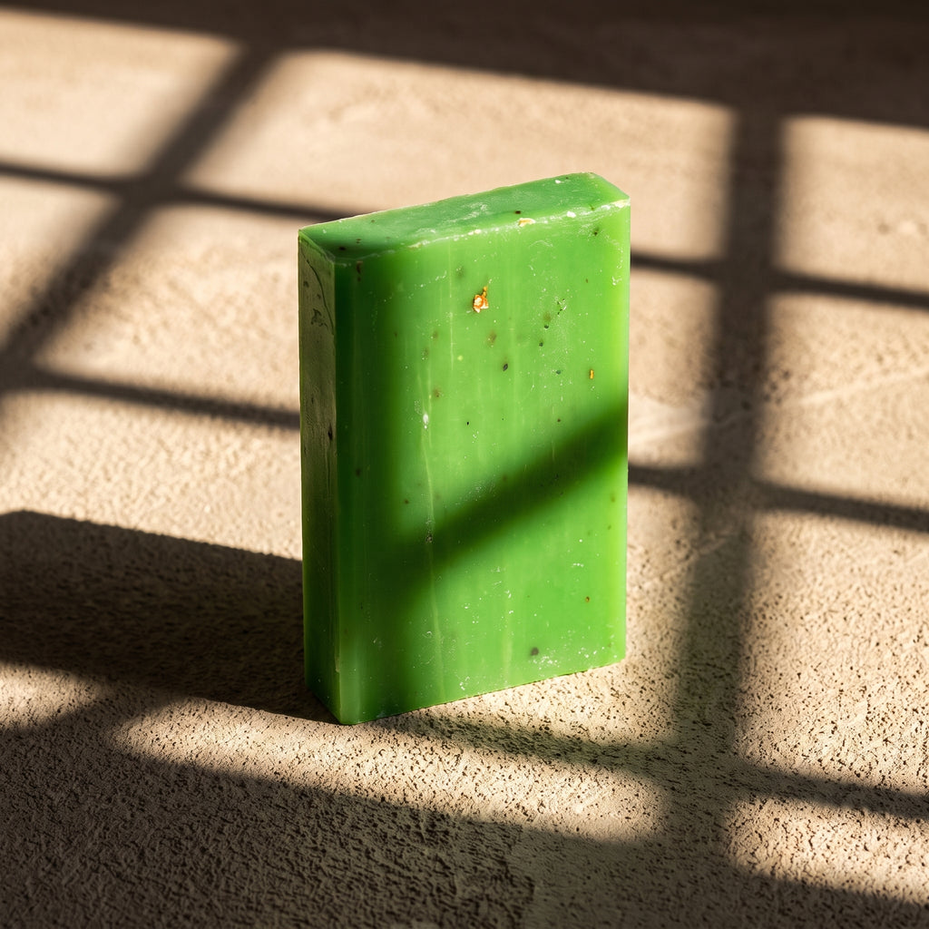 Rosemary Soap Bar in hard afternoon sunlight on sand plaster, cut by geometric window shadows