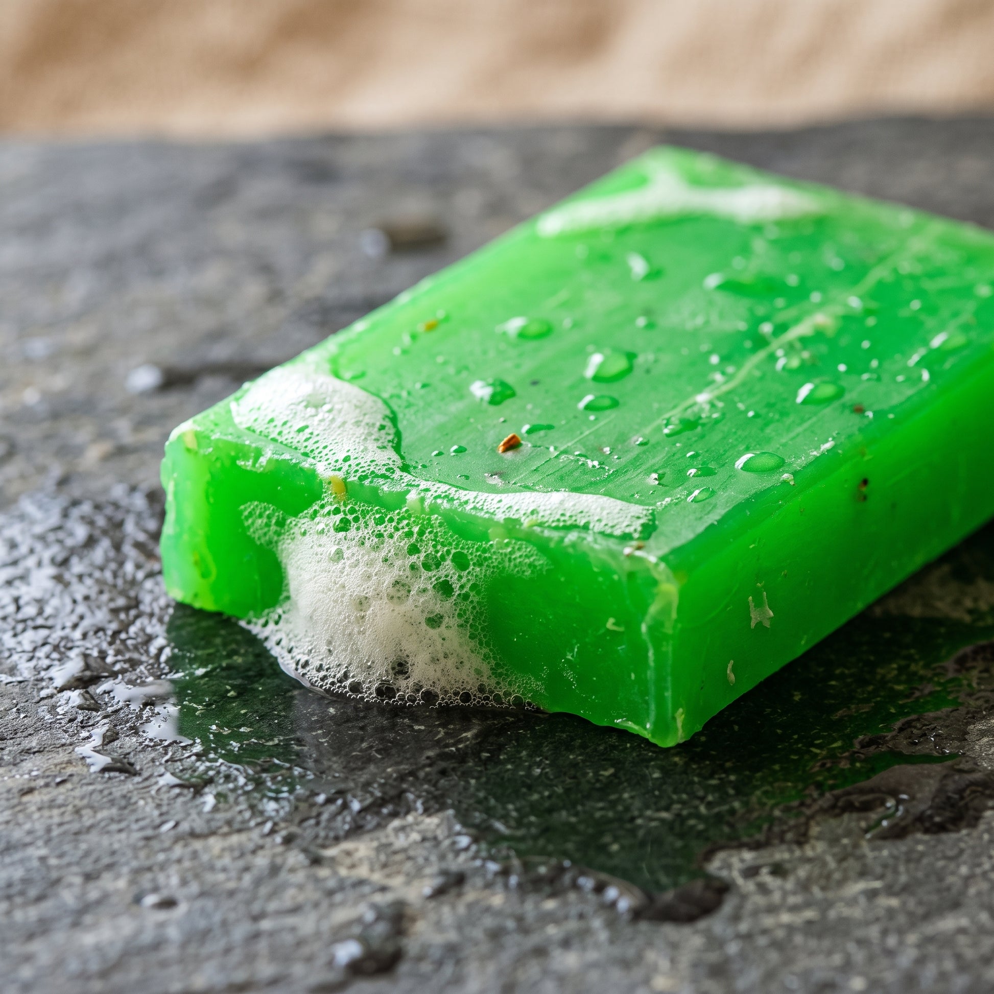 Rosemary Soap Bar lathering on wet grey stone with dense white foam along one edge