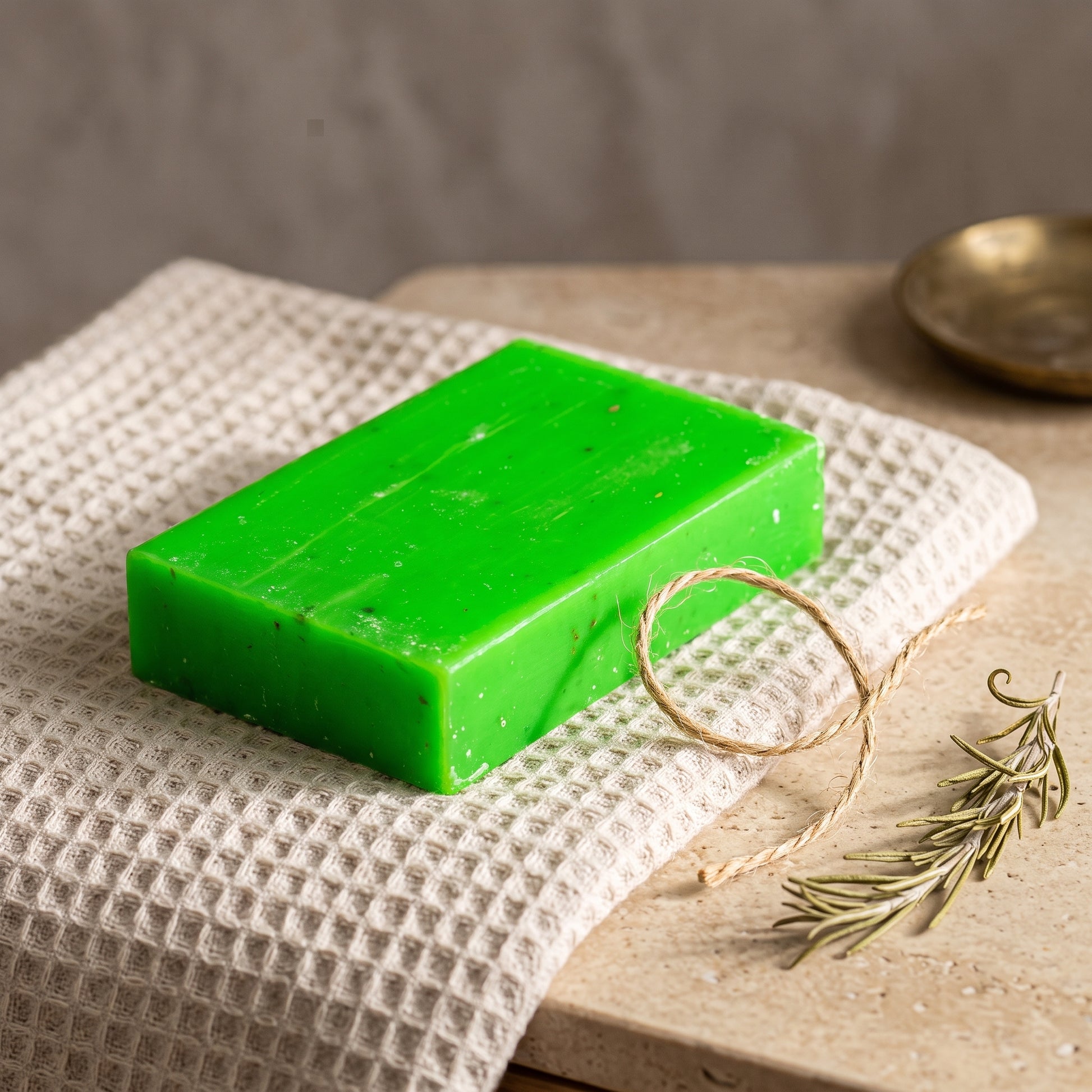 Rosemary Soap Bar on a folded cotton waffle towel with a loop of jute twine, styled as a gift