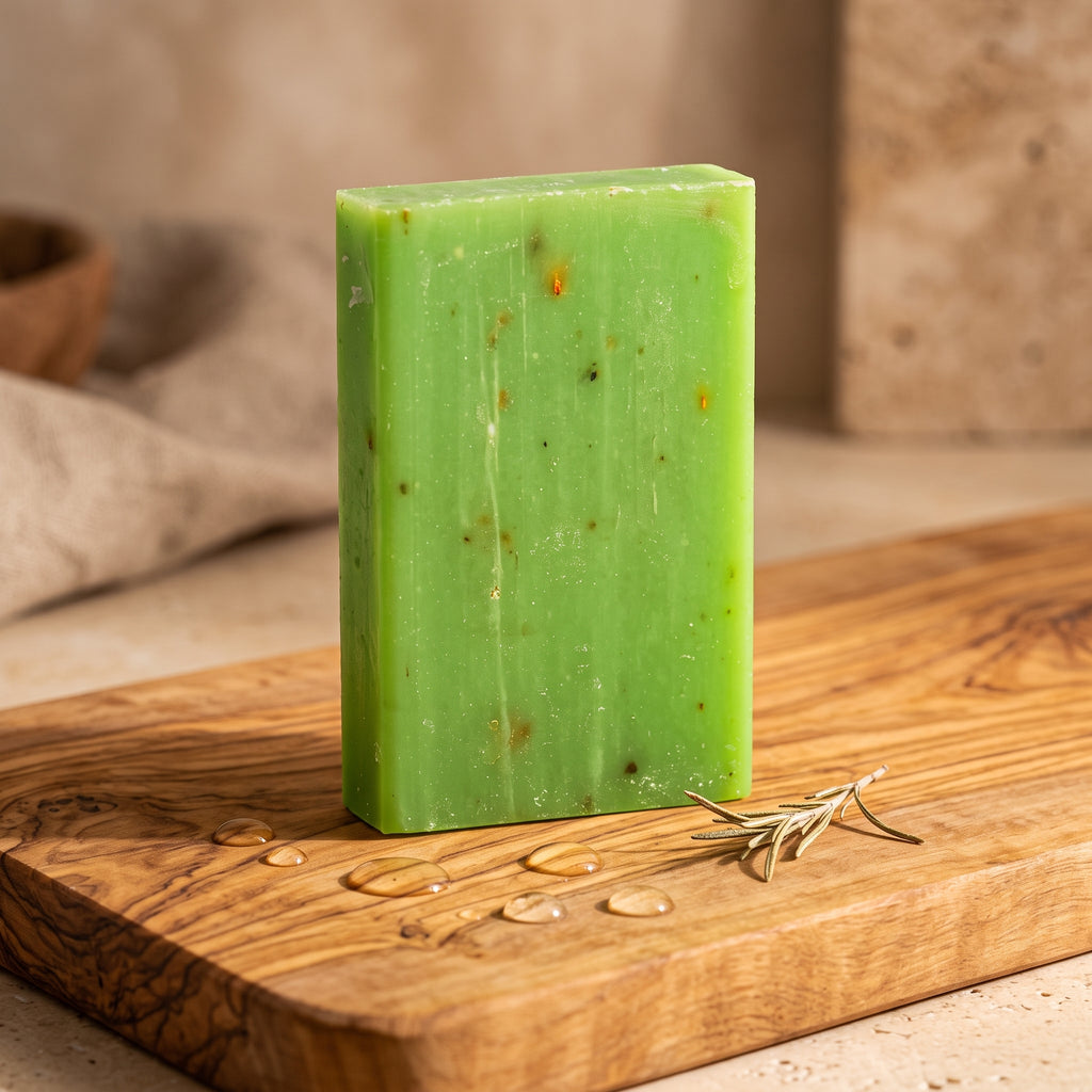 Rosemary Soap Bar on a rustic olive wood board with water droplets across the grain