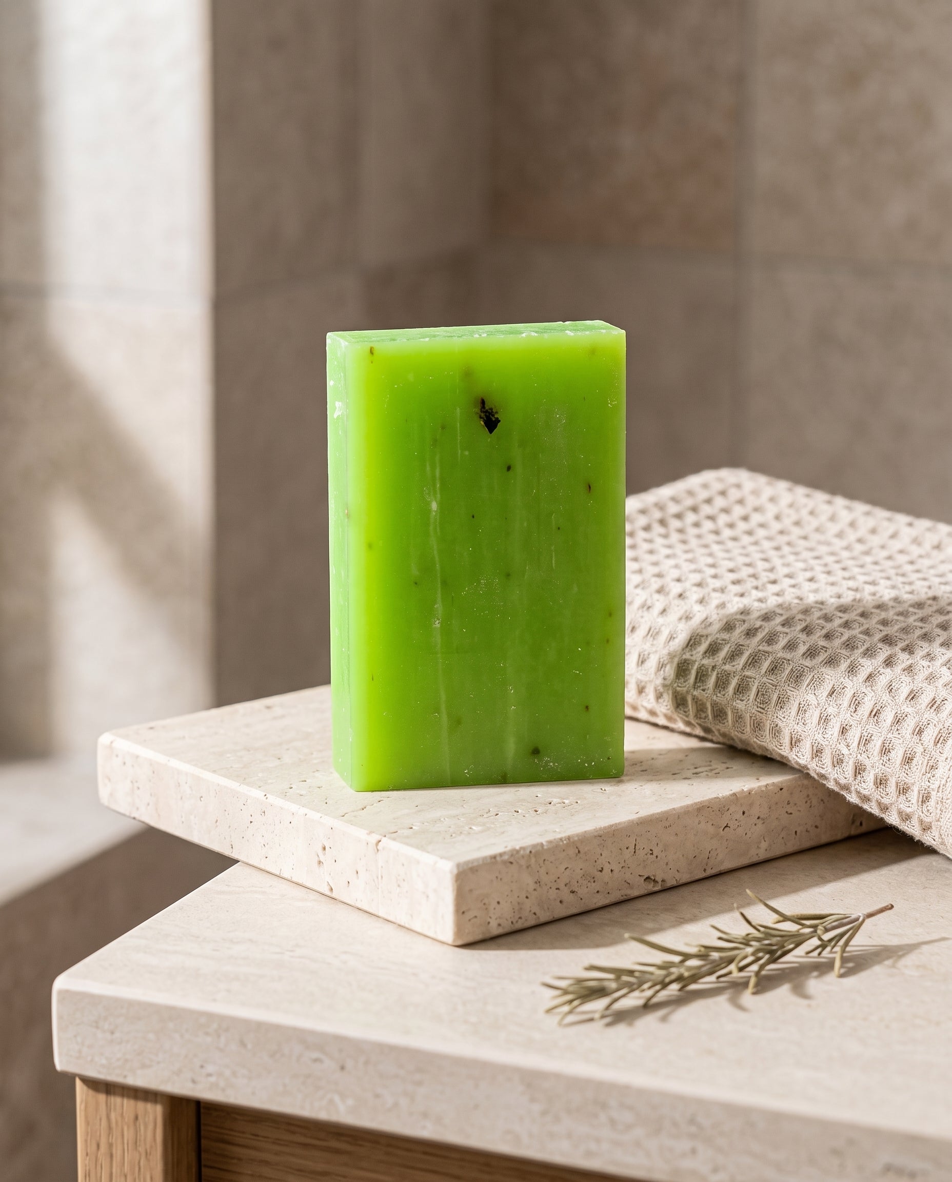 Rosemary Soap Bar on a stone bathroom shelf beside a folded waffle cotton towel