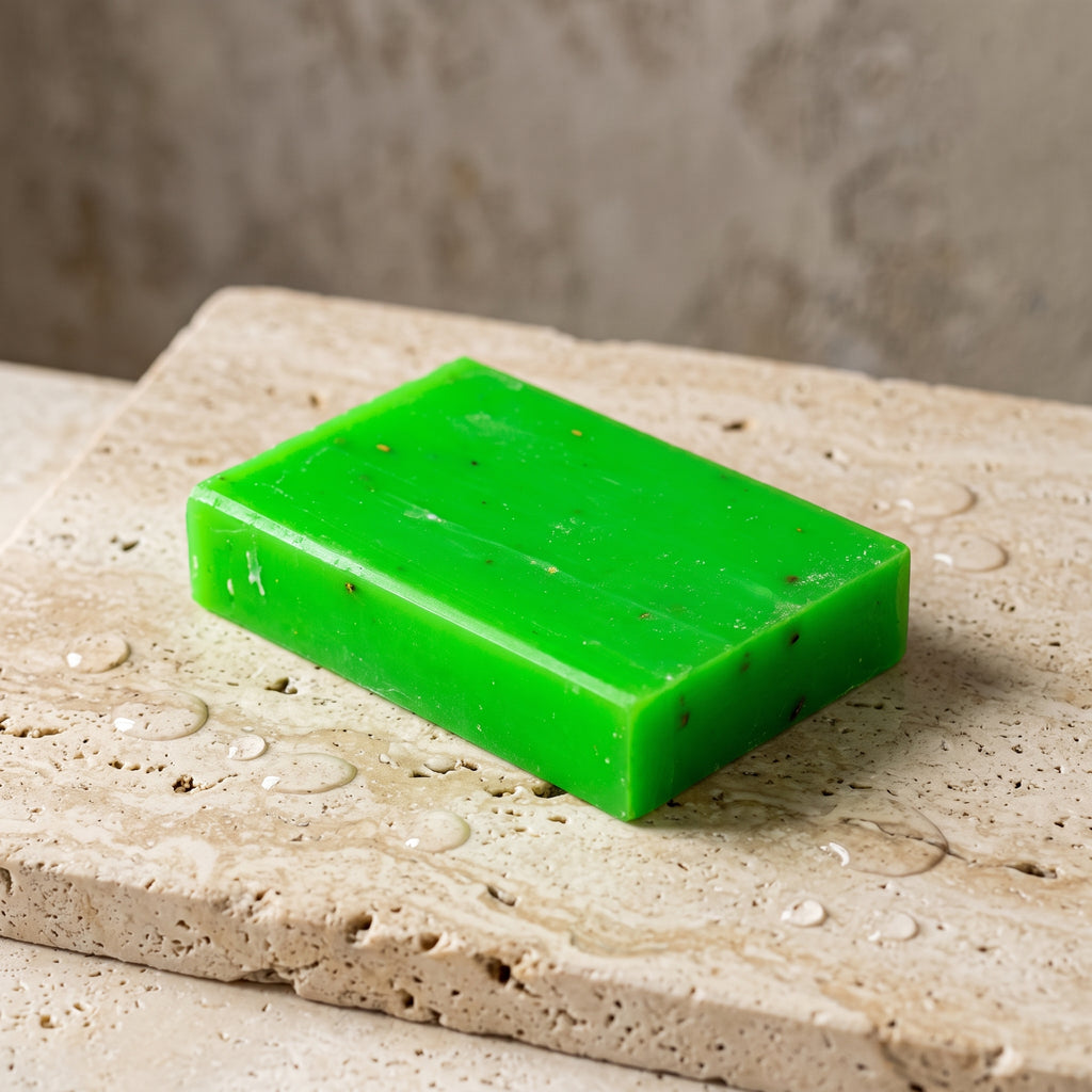 Rosemary Soap Bar resting on a travertine stone slab scattered with water droplets