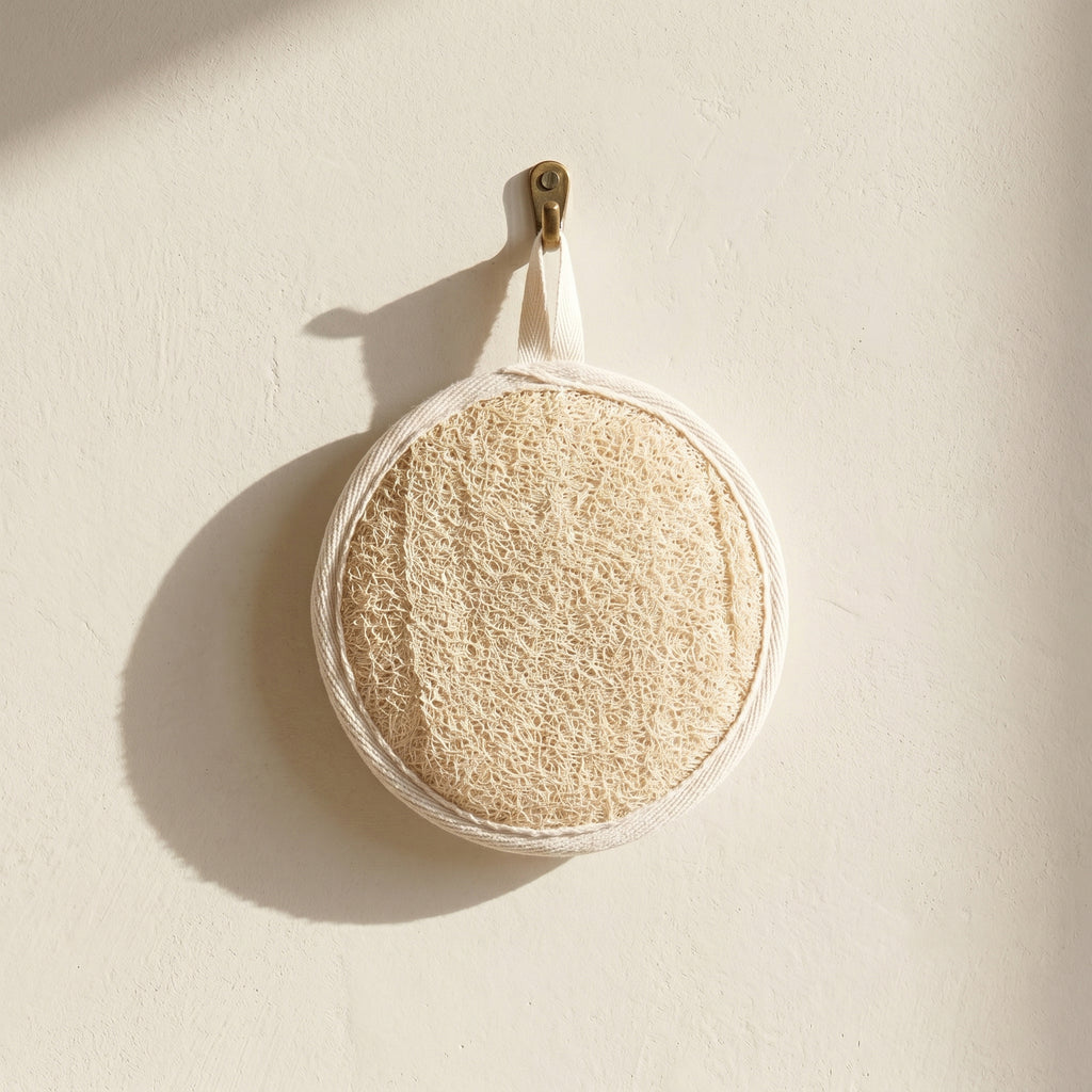 Round natural loofah pad hanging from brass hook on plastered wall, drying after use, minimalist eco-spa style