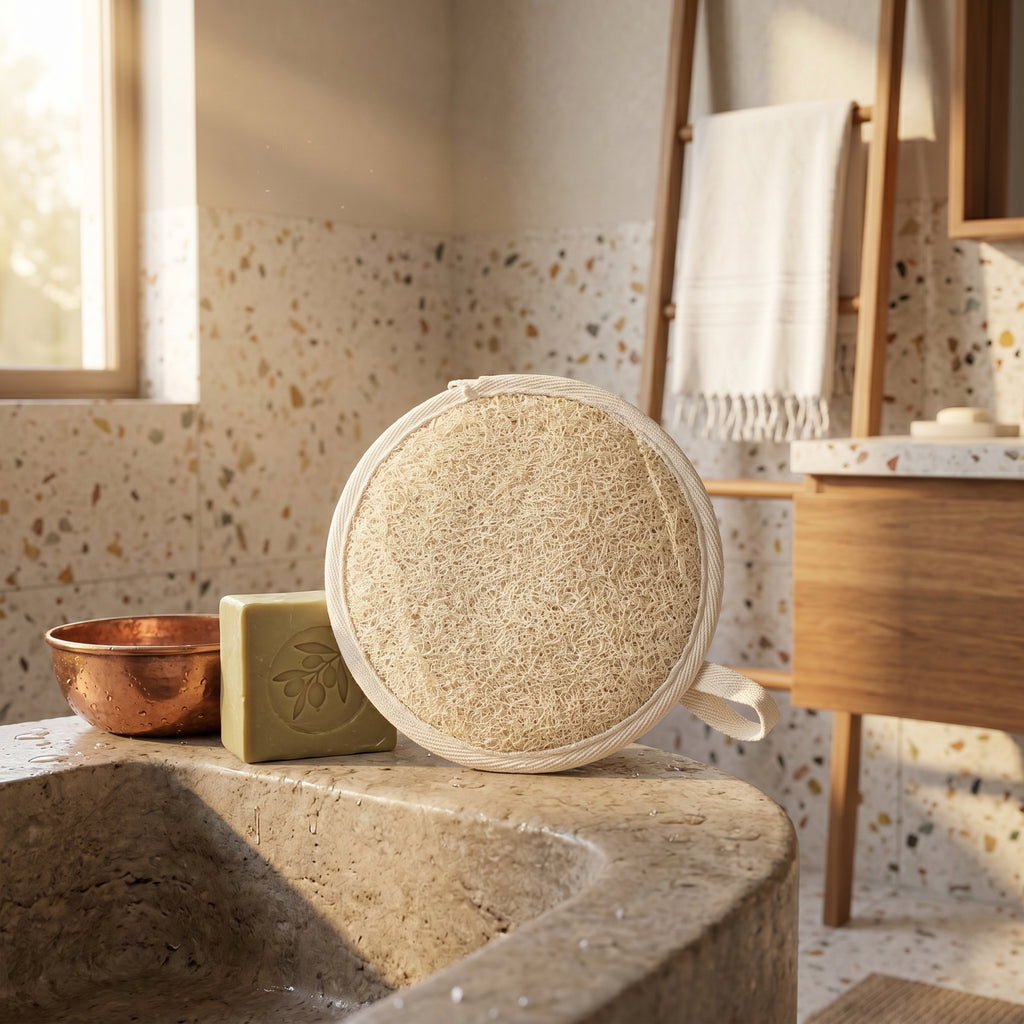 Round natural loofah pad on stone basin with olive soap and copper hammam bowl in modern eco-bathroom