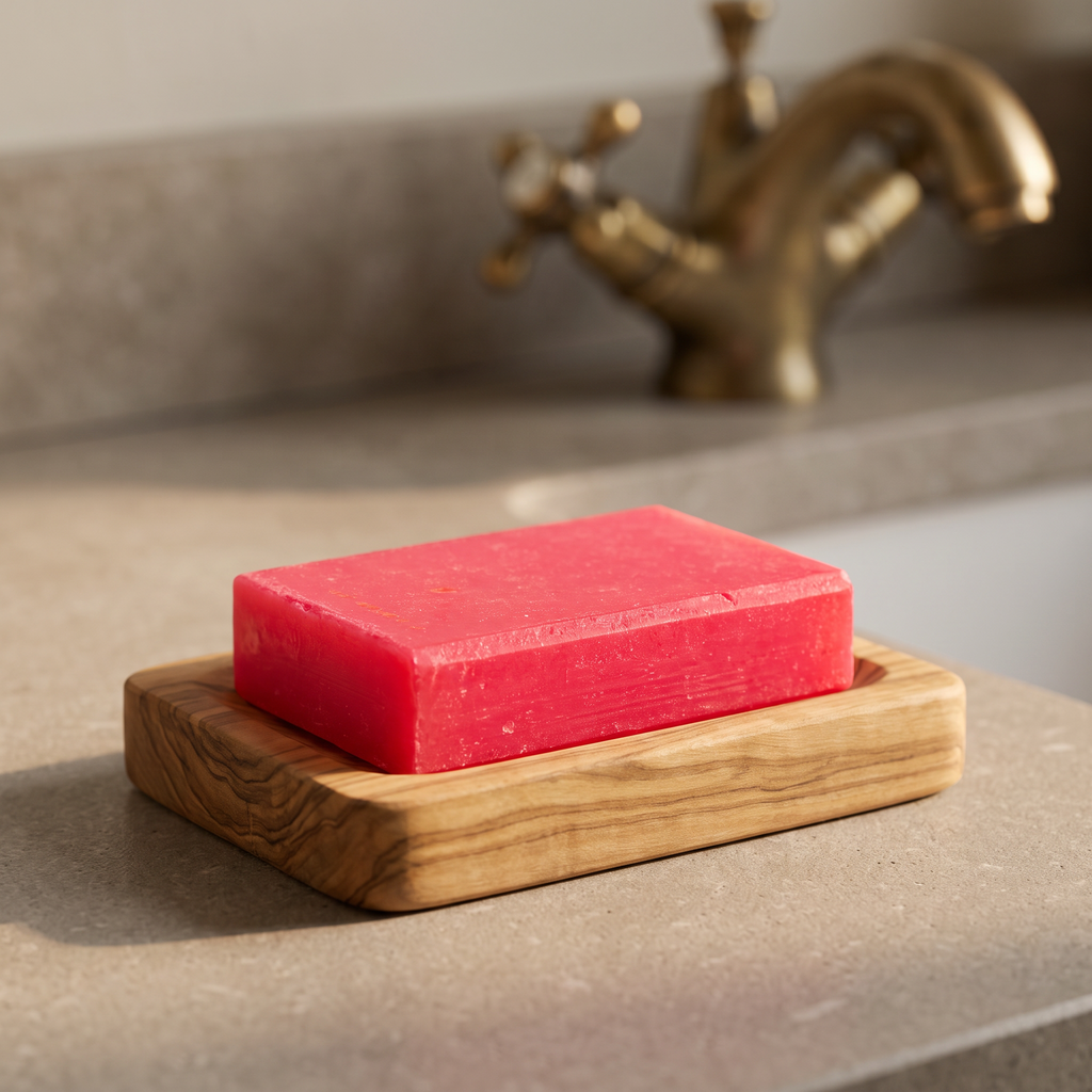 Avlia Salicylic Acid Soap Bar in olive wood soap dish, plain and clinical