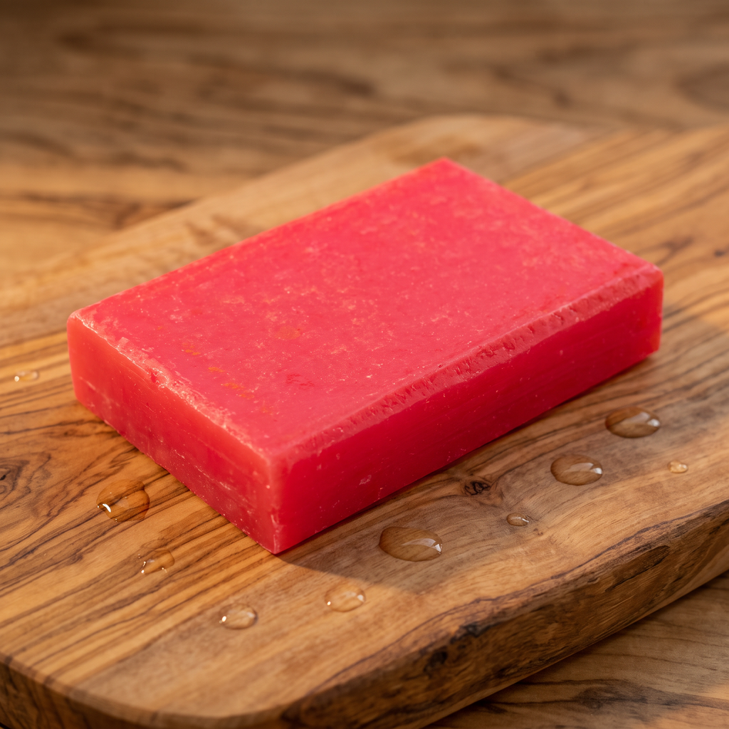 Avlia Salicylic Acid Soap Bar on rustic olive wood board with water droplets
