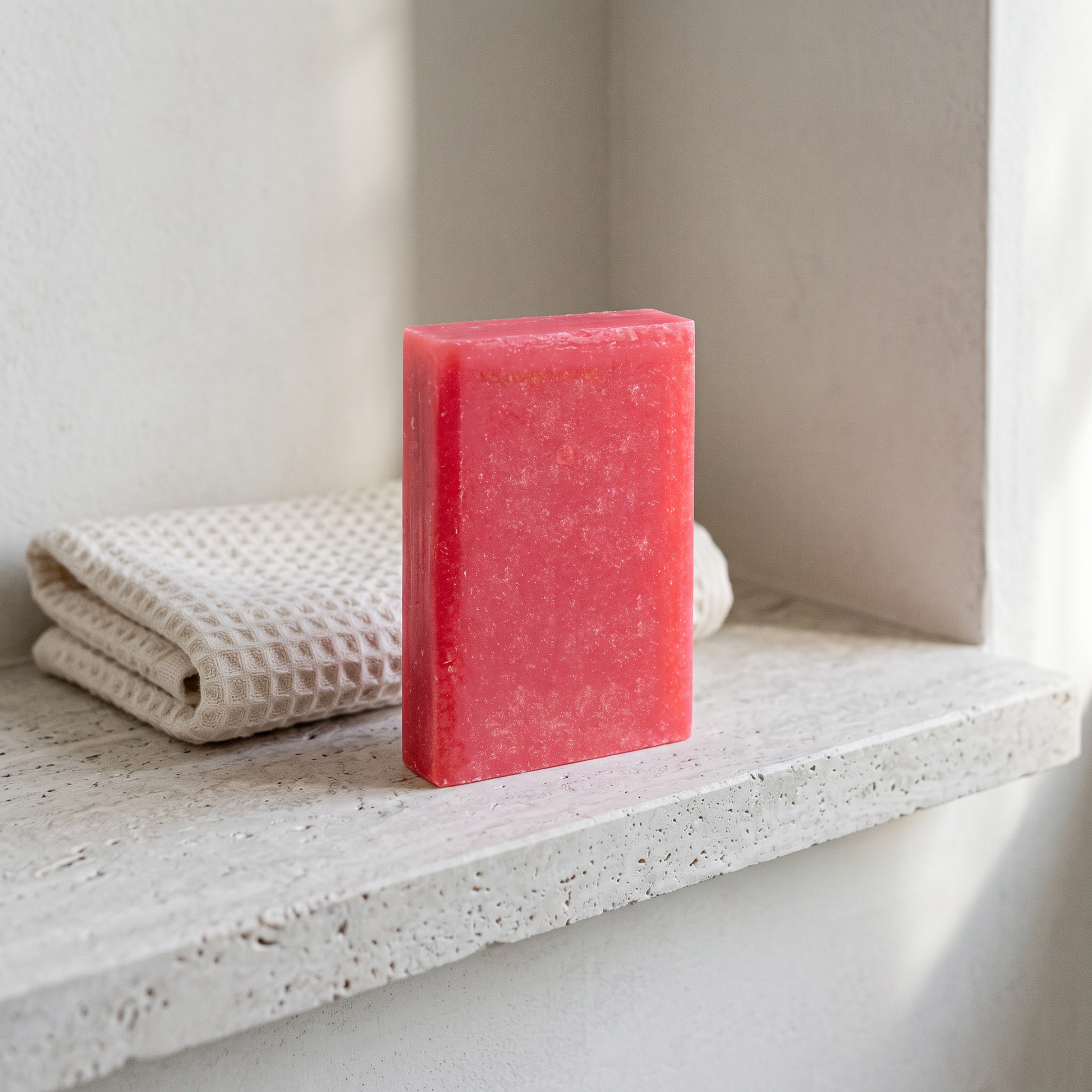 Avlia Salicylic Acid Soap Bar on stone bathroom shelf beside waffle towel