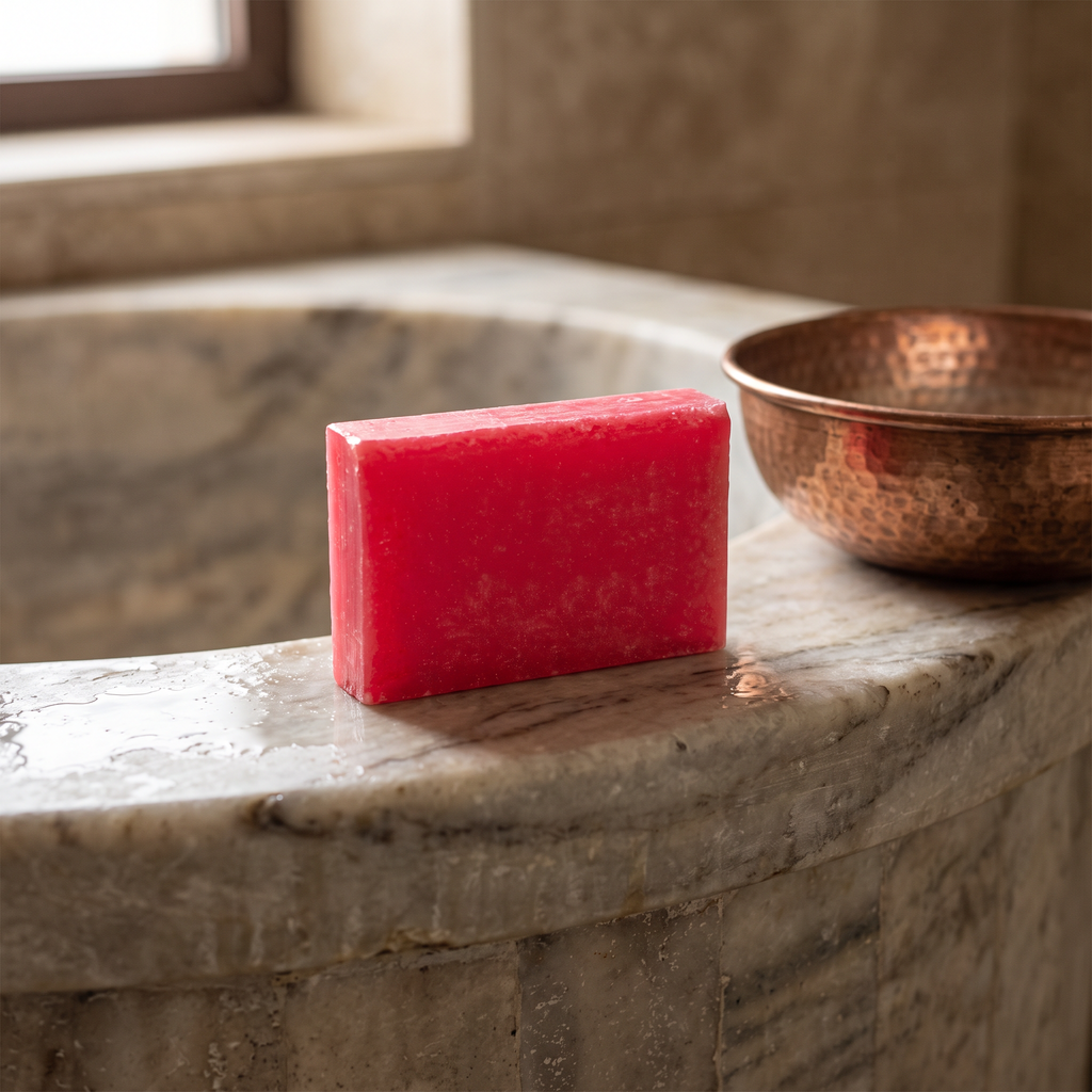 Avlia Salicylic Acid Soap Bar on marble hammam basin edge with copper bowl