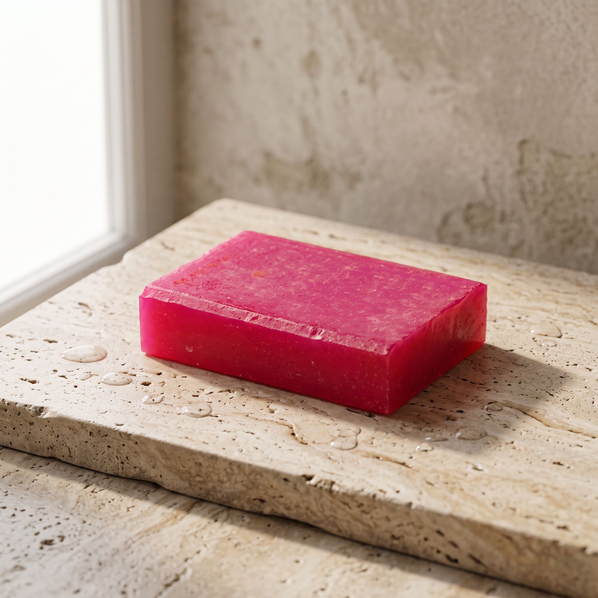 Avlia Salicylic Acid Soap Bar resting on travertine stone slab