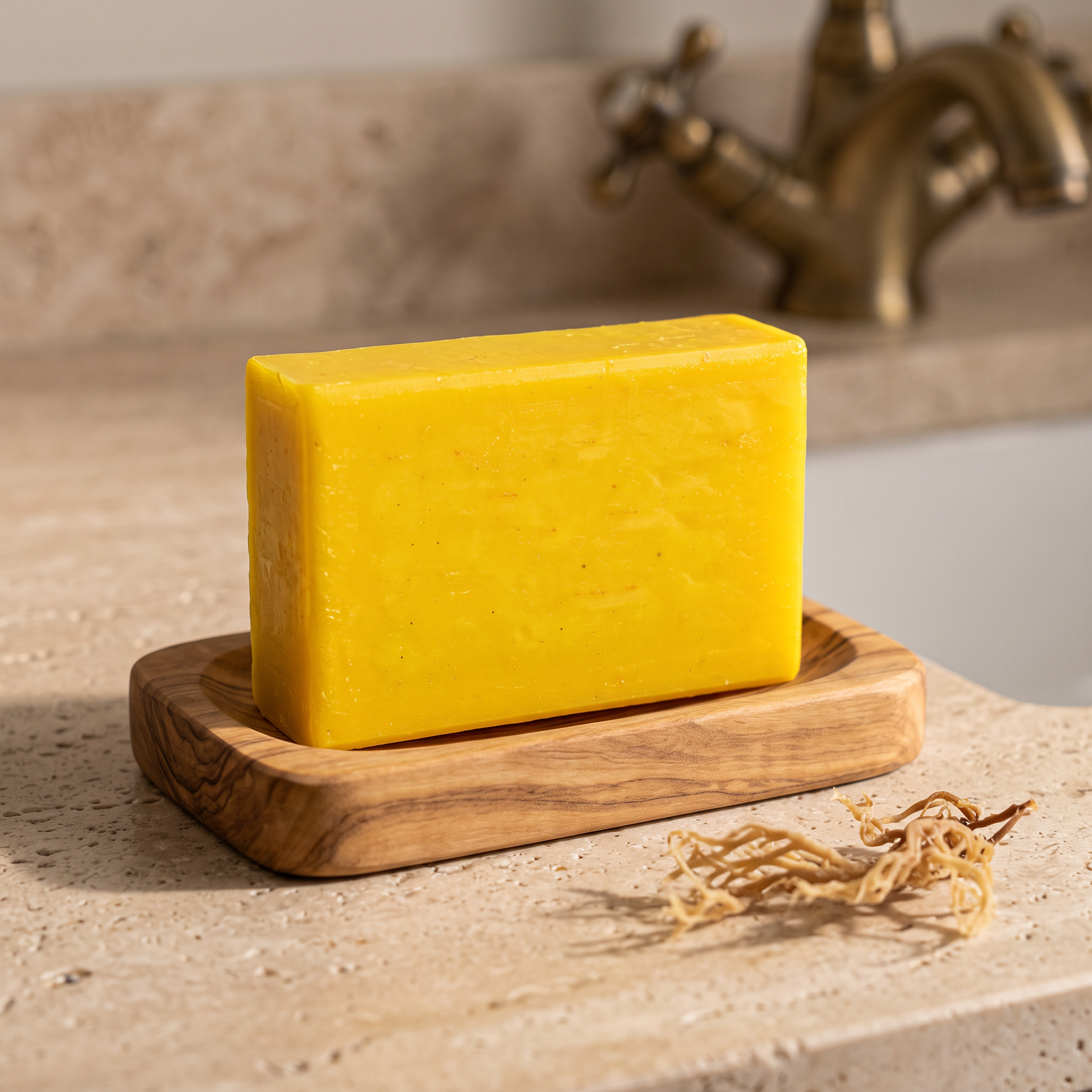 Avlia Sea Moss Soap Bar in olive wood soap dish with dried sea moss strands