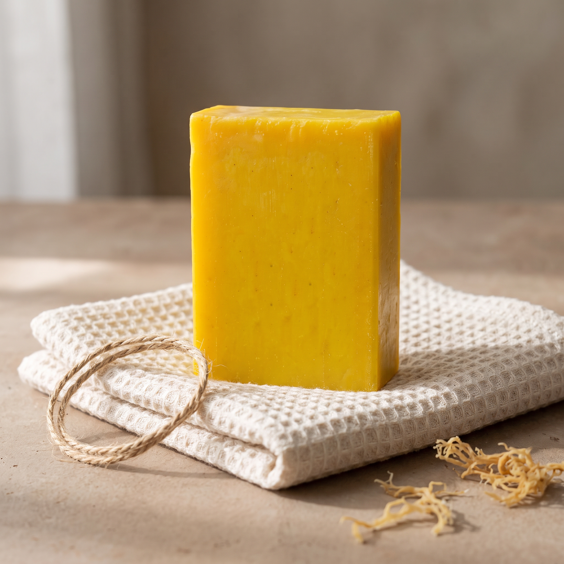 Avlia Sea Moss Soap Bar styled as a gift on waffle towel with jute twine