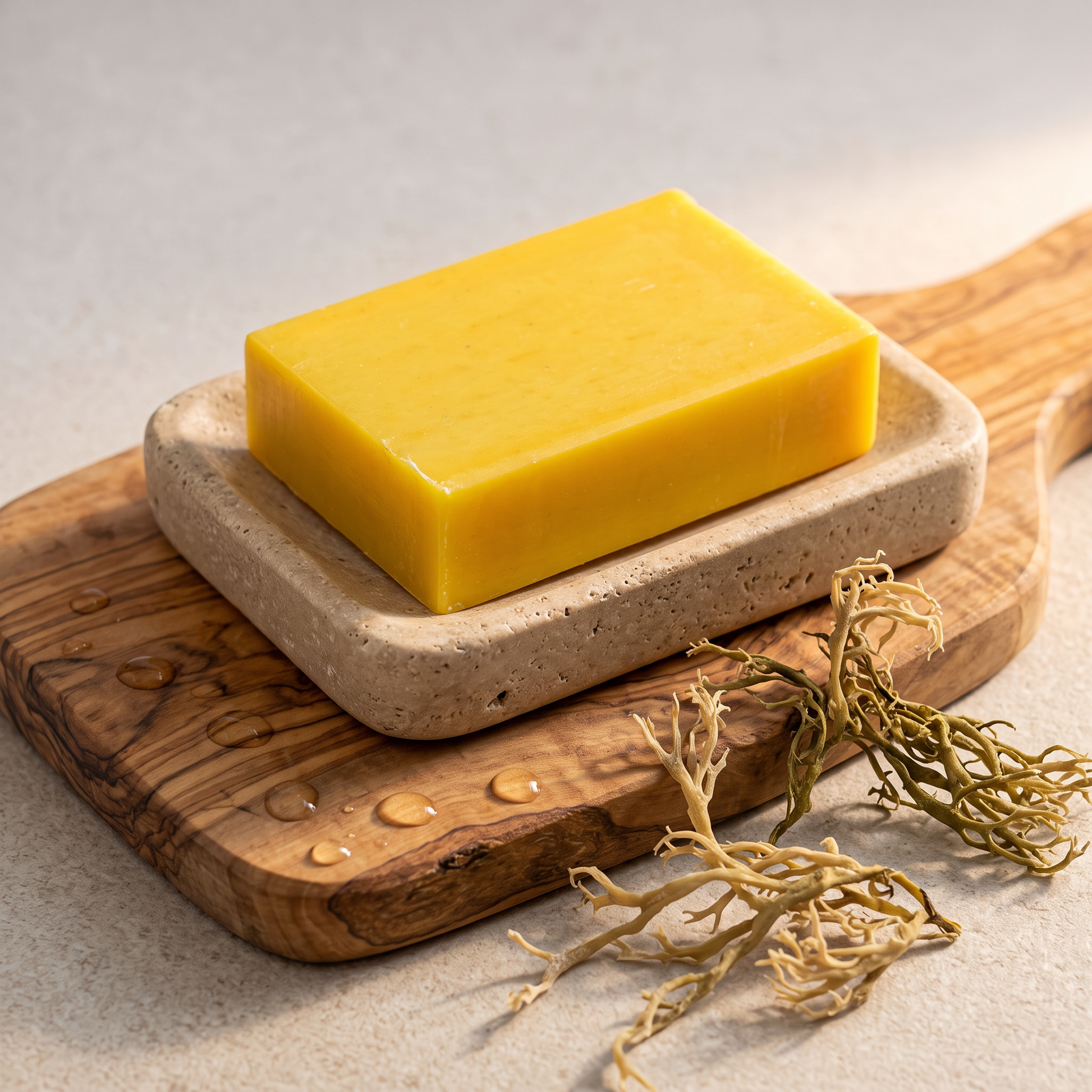 Avlia Sea Moss Soap Bar on rustic olive wood board with water droplets