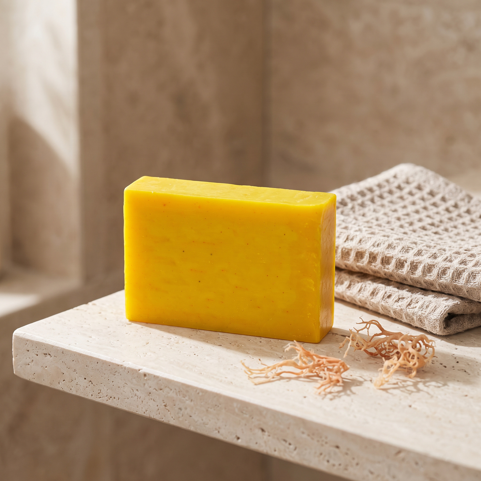 Avlia Sea Moss Soap Bar on stone bathroom shelf beside waffle towel