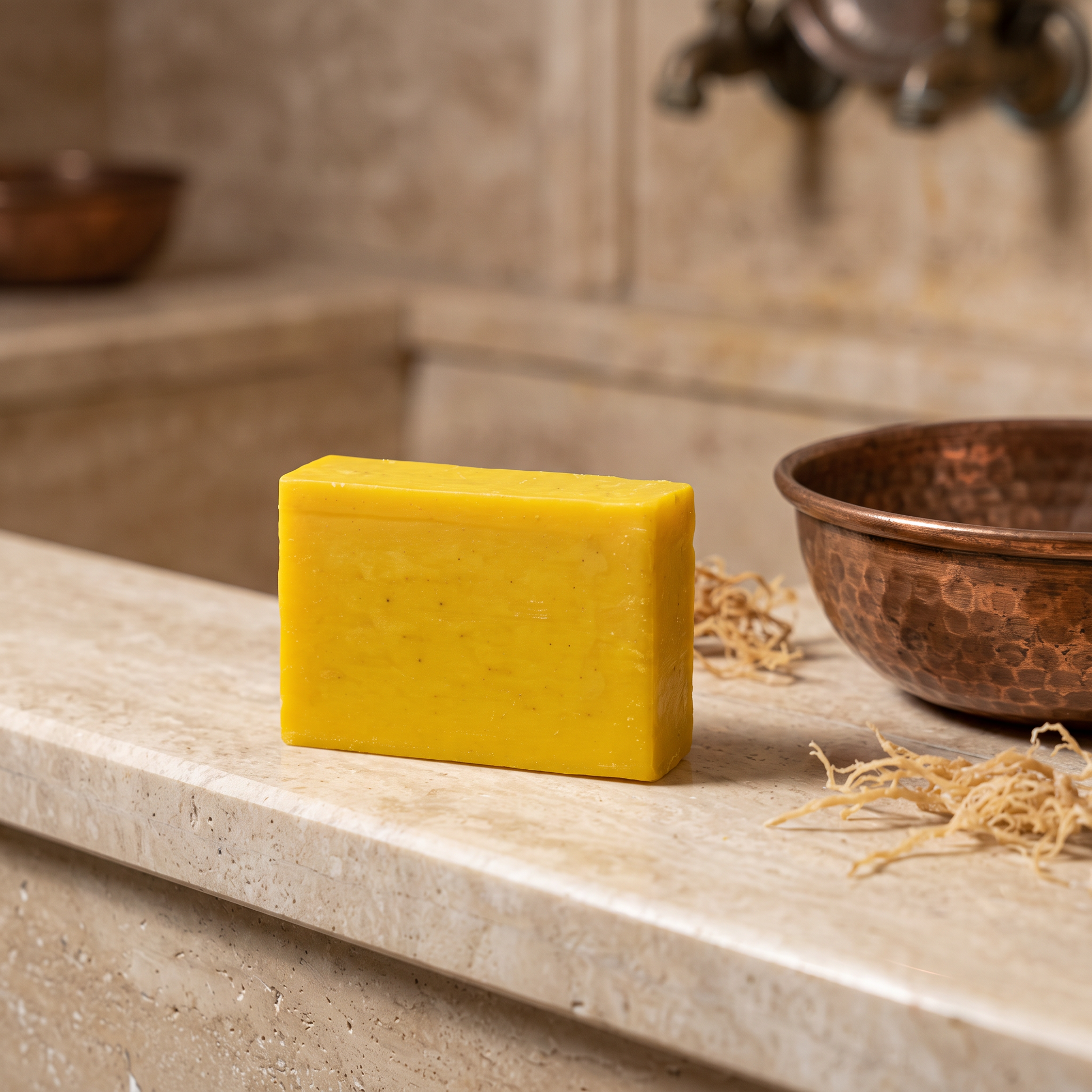 Avlia Sea Moss Soap Bar on marble hammam basin edge with copper bowl