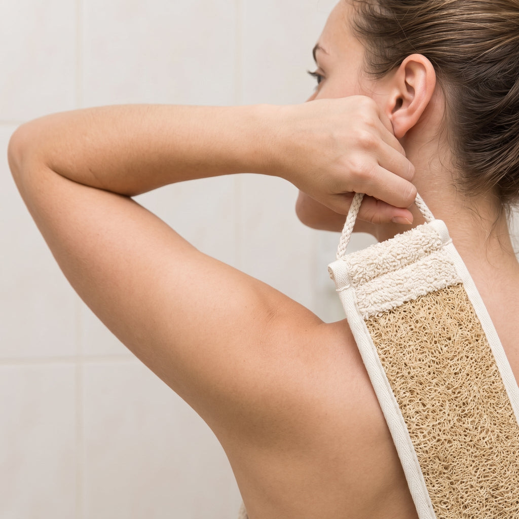 Side view of a woman raising one arm to hold the Avlia luffa strap behind her shoulder, the band running out of view behind her back