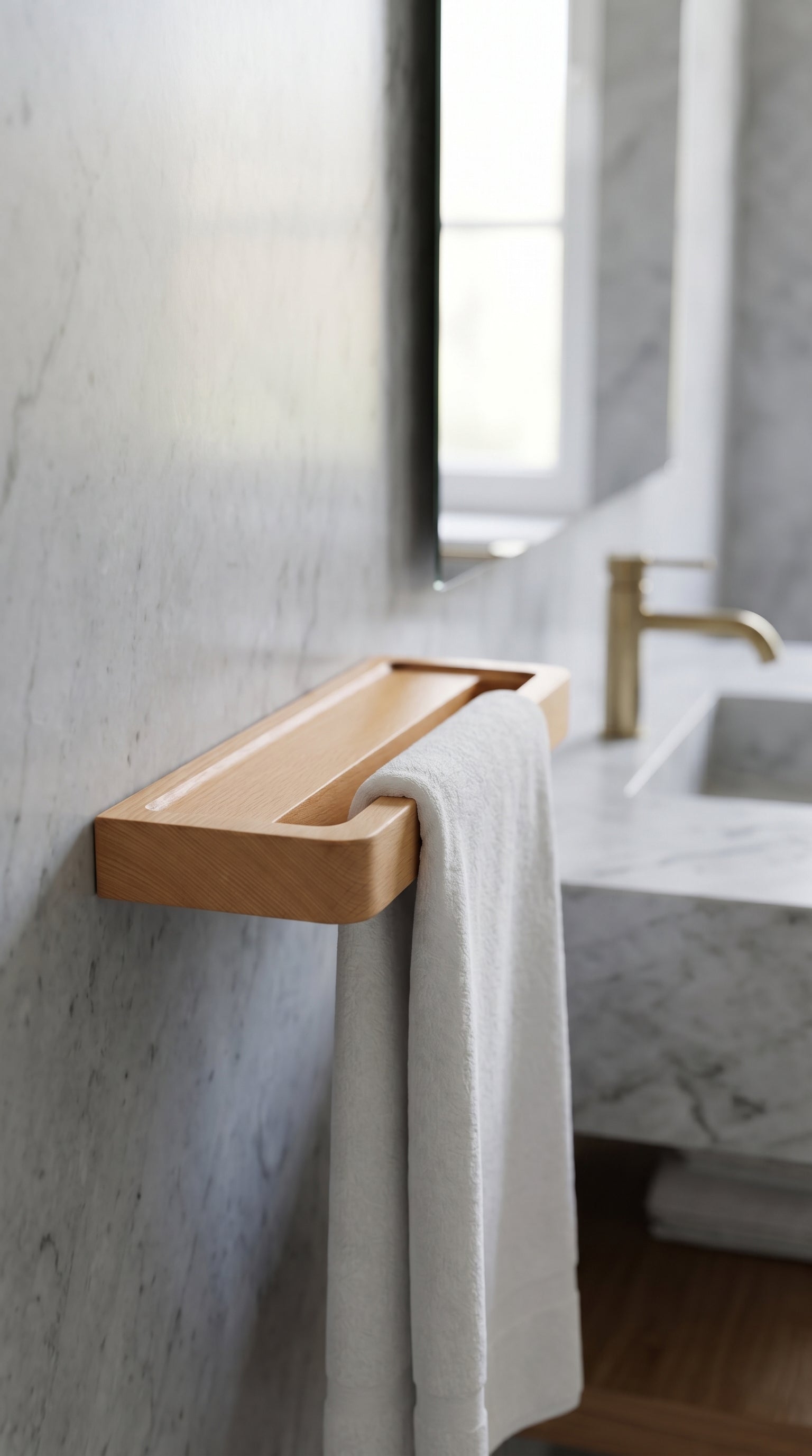 Side profile view of Avlia beechwood towel shelf wall-mounted showing ~10 cm floating projection from wall, white towel hanging down through slot