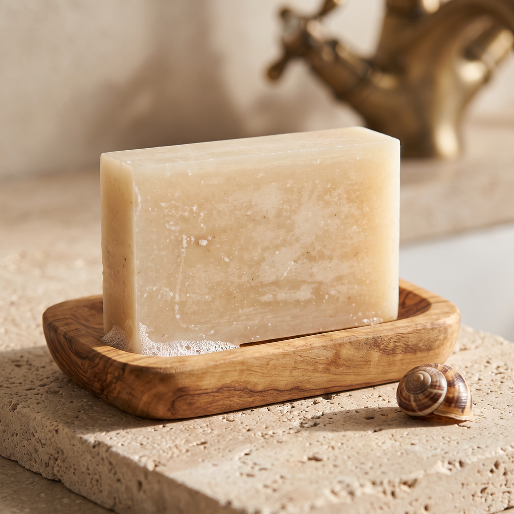 Avlia Snail Mucin Soap Bar in olive wood soap dish with decorative snail shell