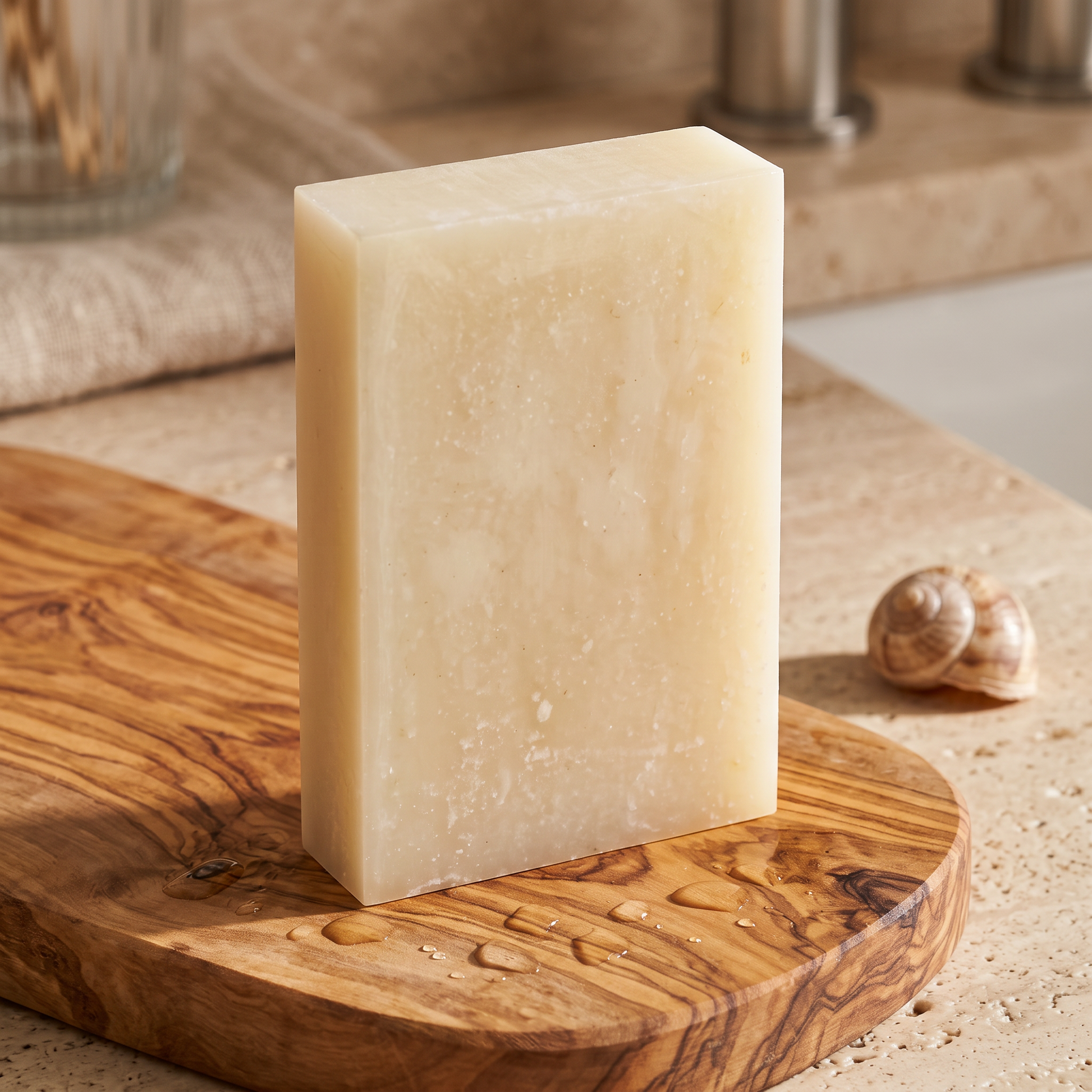 Avlia Snail Mucin Soap Bar on rustic olive wood board with water droplets