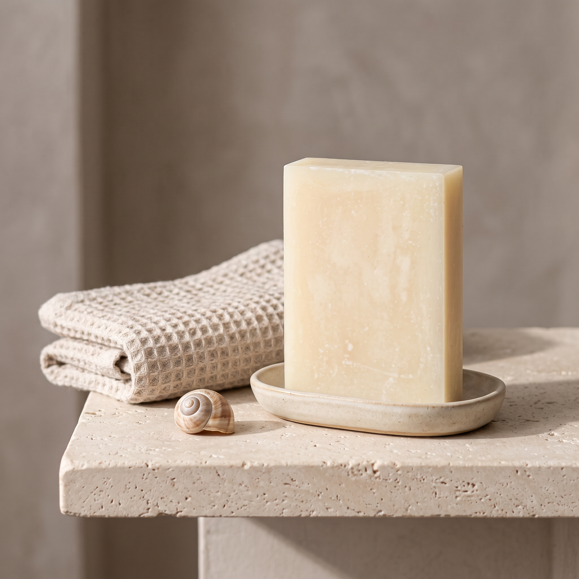 Avlia Snail Mucin Soap Bar on stone bathroom shelf beside waffle towel