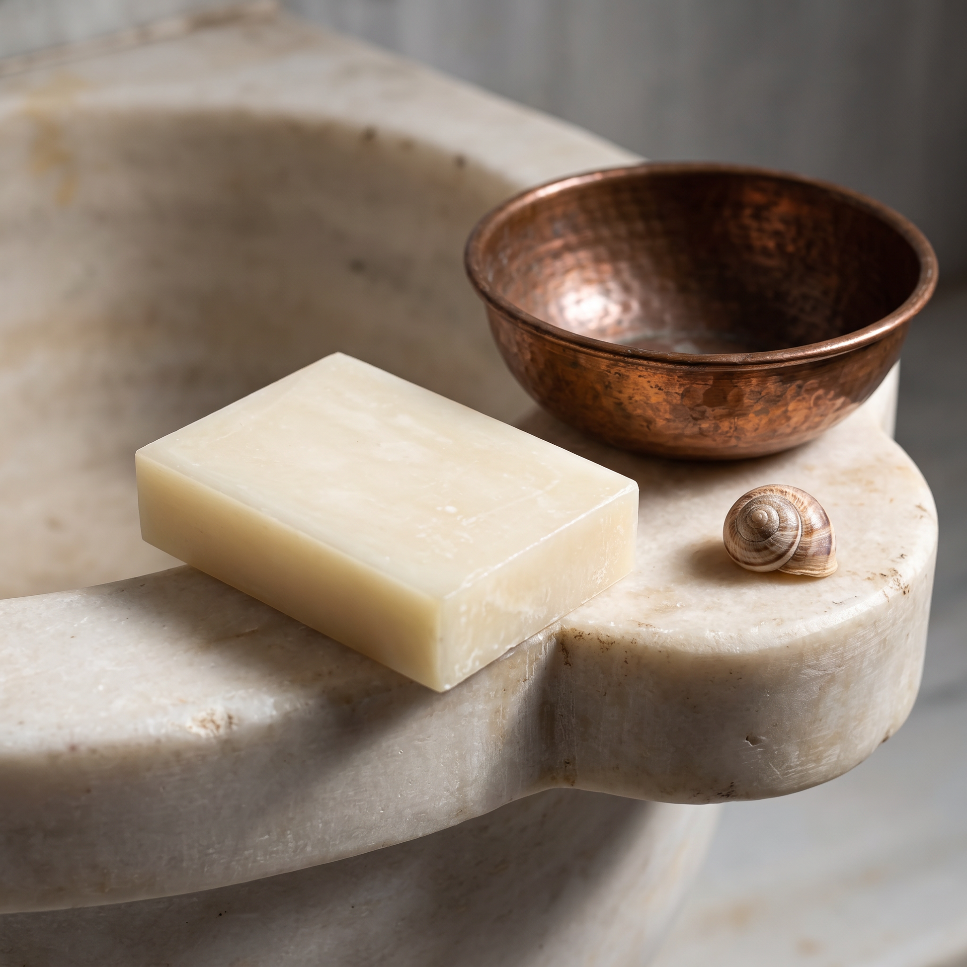 Avlia Snail Mucin Soap Bar on marble hammam basin edge with copper bowl