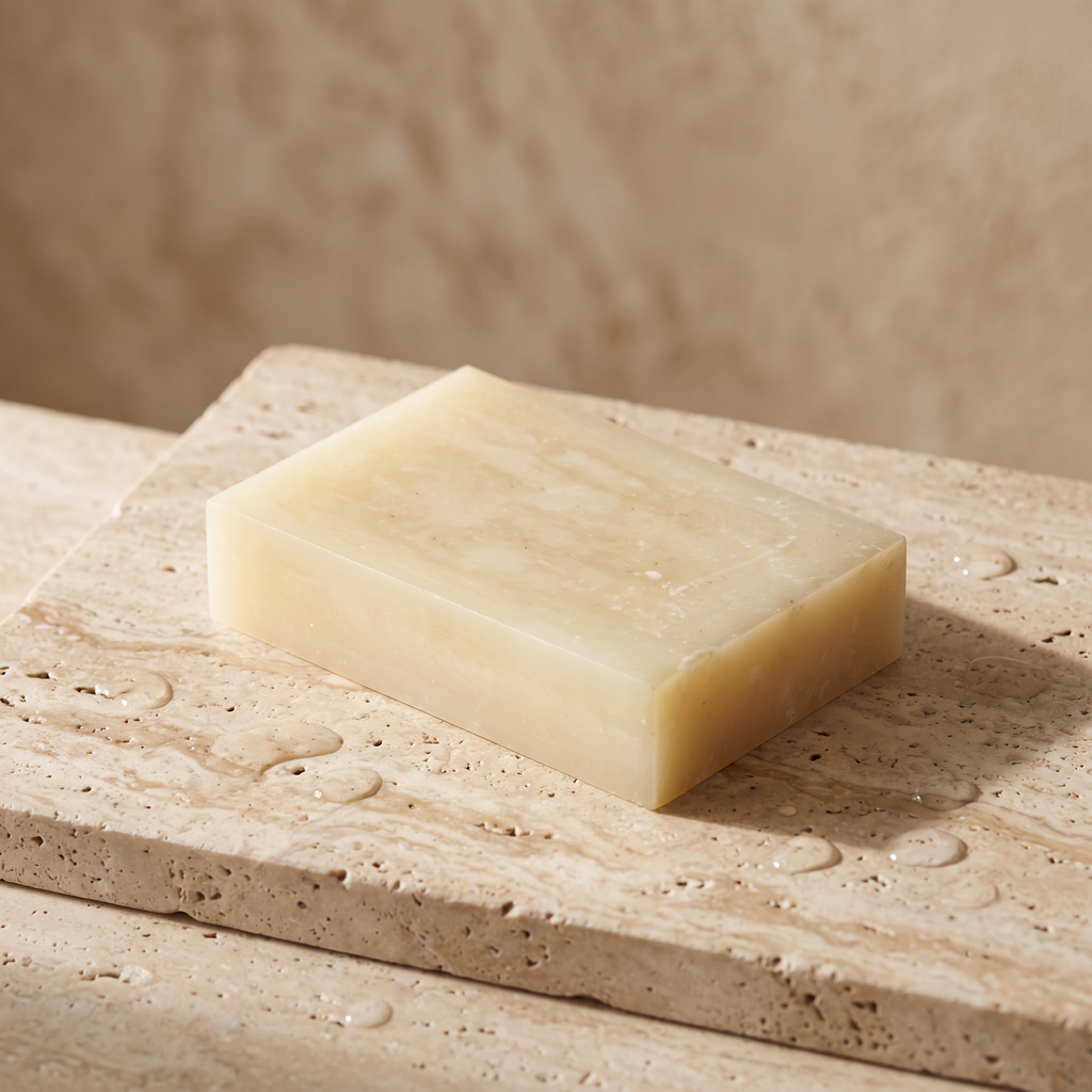 Avlia Snail Mucin Soap Bar resting on travertine stone slab