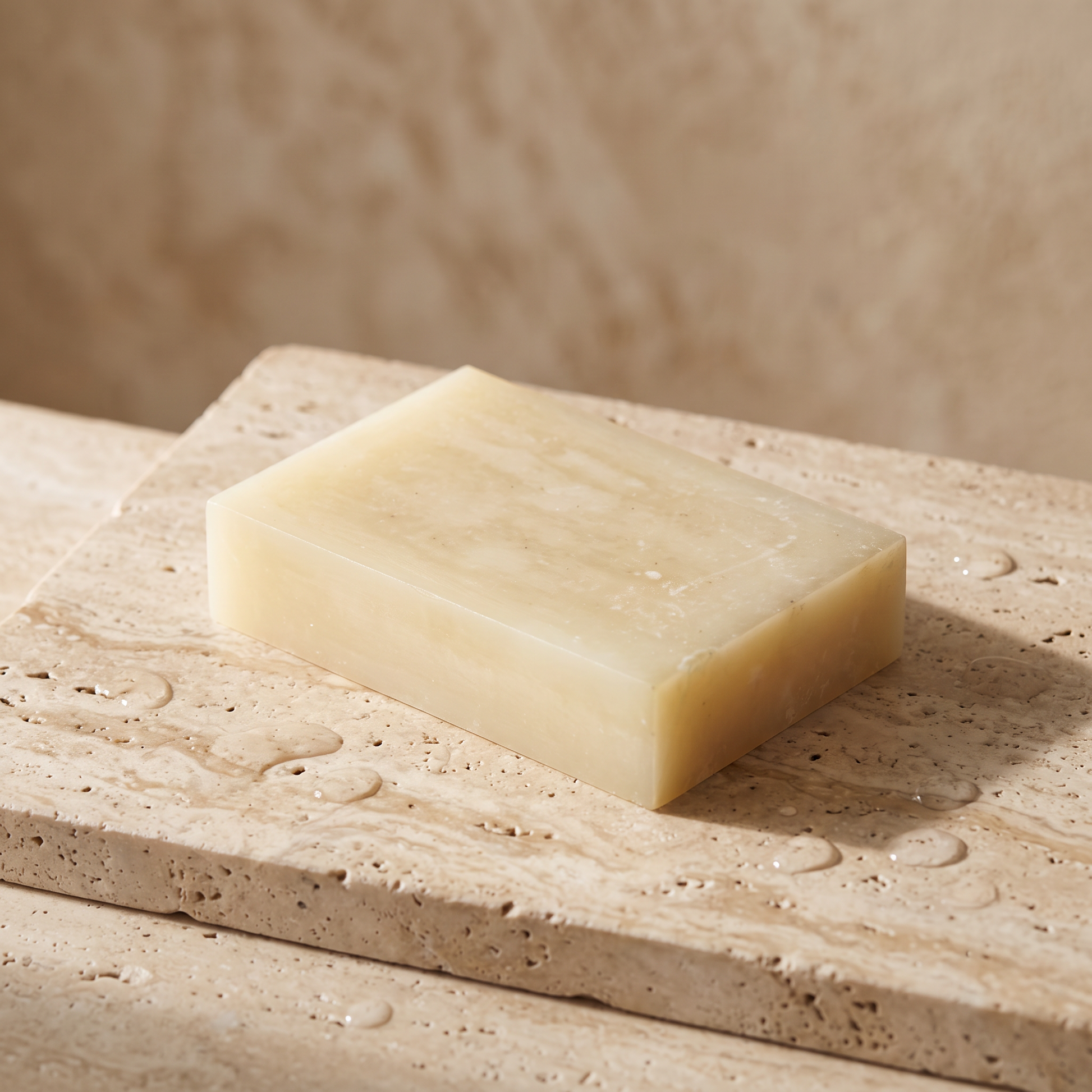 Avlia Snail Mucin Soap Bar resting on travertine stone slab